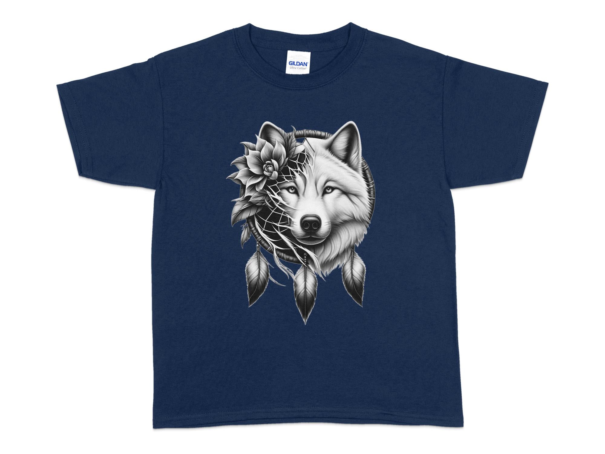 Dreamcatcher Wolf - Coloured Gildan Kids T-Shirt Realistic Native American Talisman Unisex Mythology Tee Graphic Design