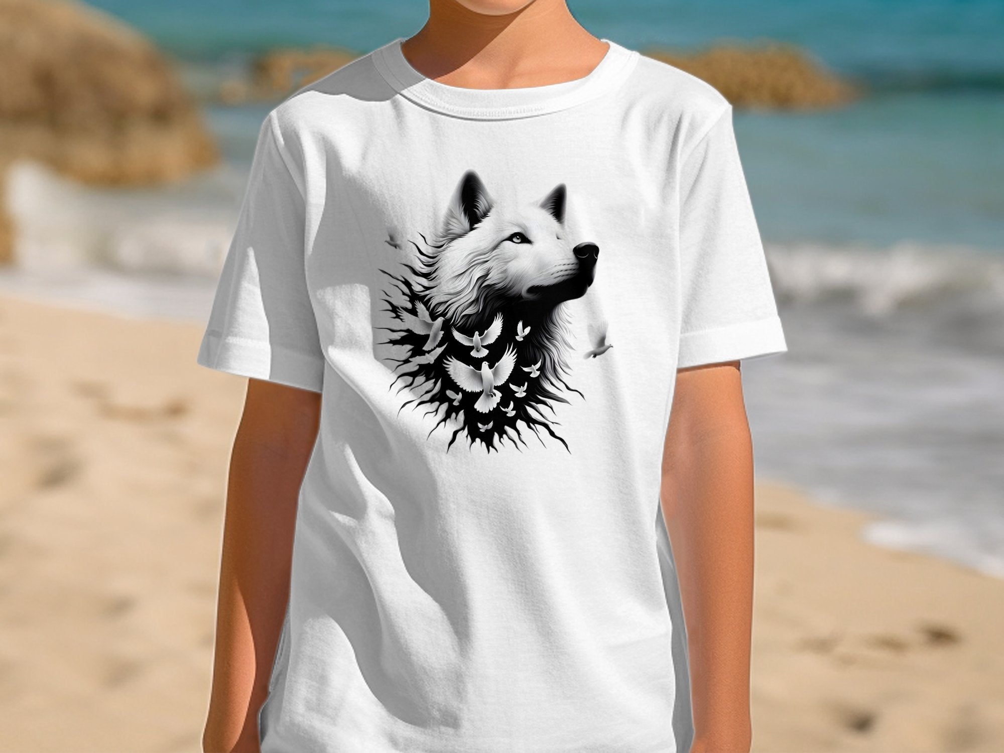 Wolf x Doves - Black White Gildan Kids T-Shirt Realistic Animal Talisman Unisex Tee Graphic Design