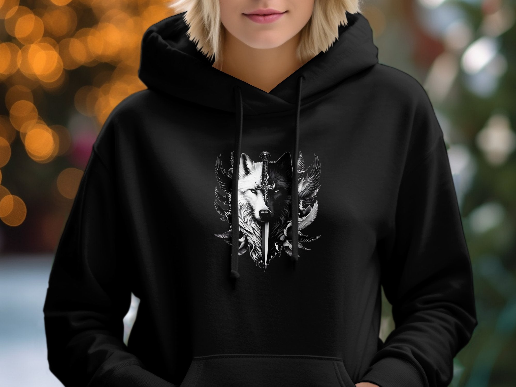 Wolf x Doves - Black White Gildan Hoodie Realistic Animal Talisman Unisex Tee Graphic Design