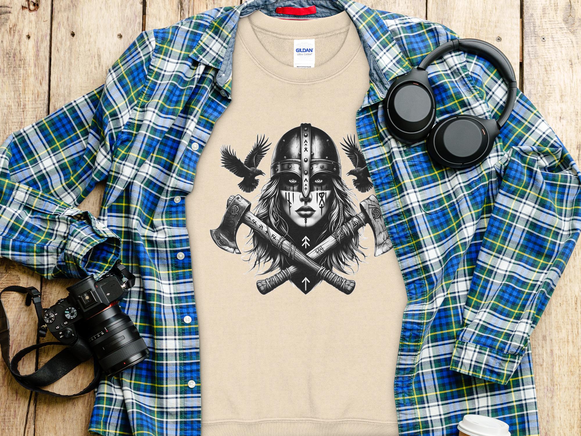 Viking Shield Maiden - Coloured Gildan Sweatshirt Realistic Norse Talisman Men Women Unisex Valhalla Tee Graphic Design