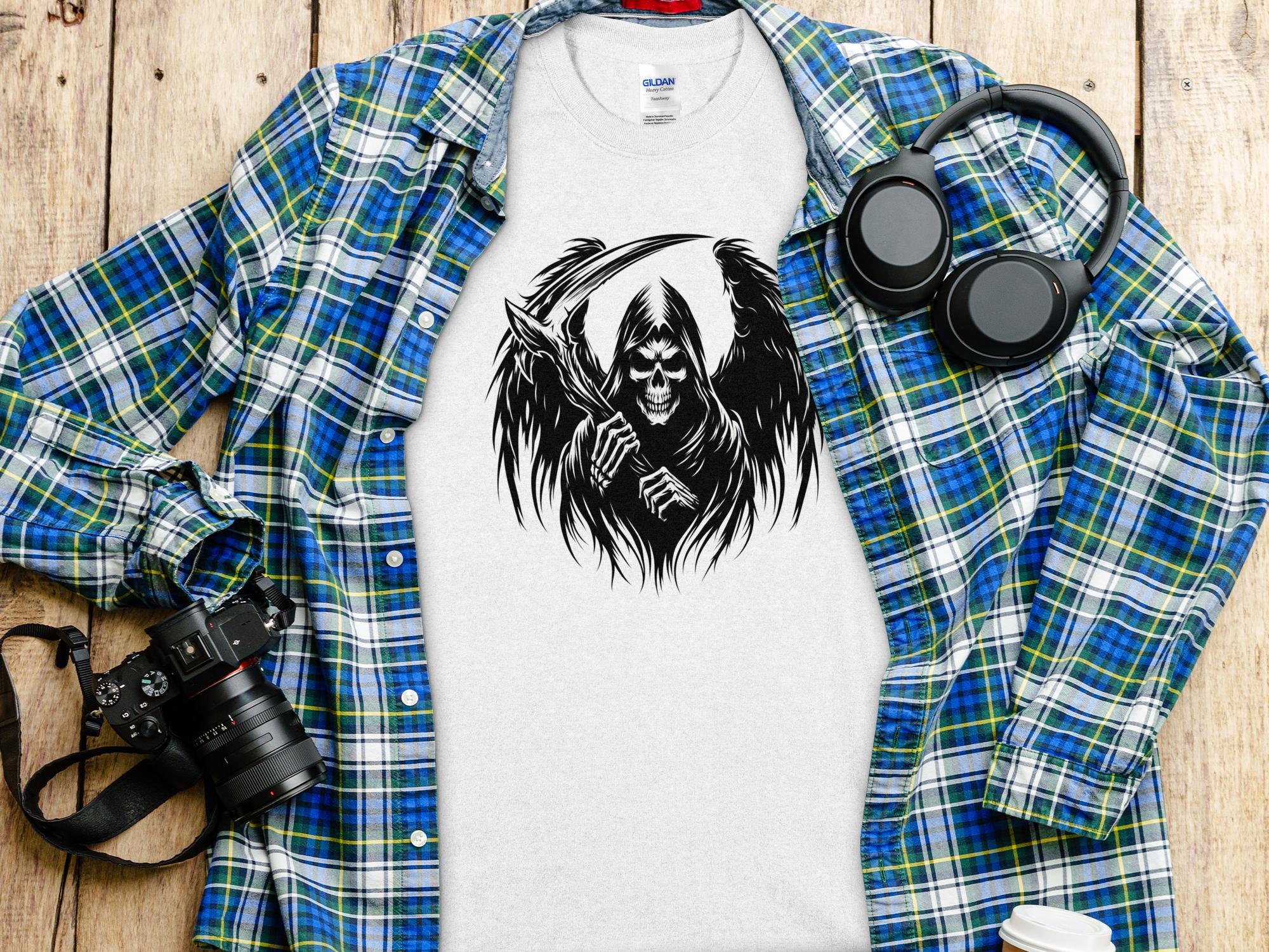 Grim Reaper - Black White Gildan T-Shirt Commemorative Talisman Unisex Tee Graphic Design