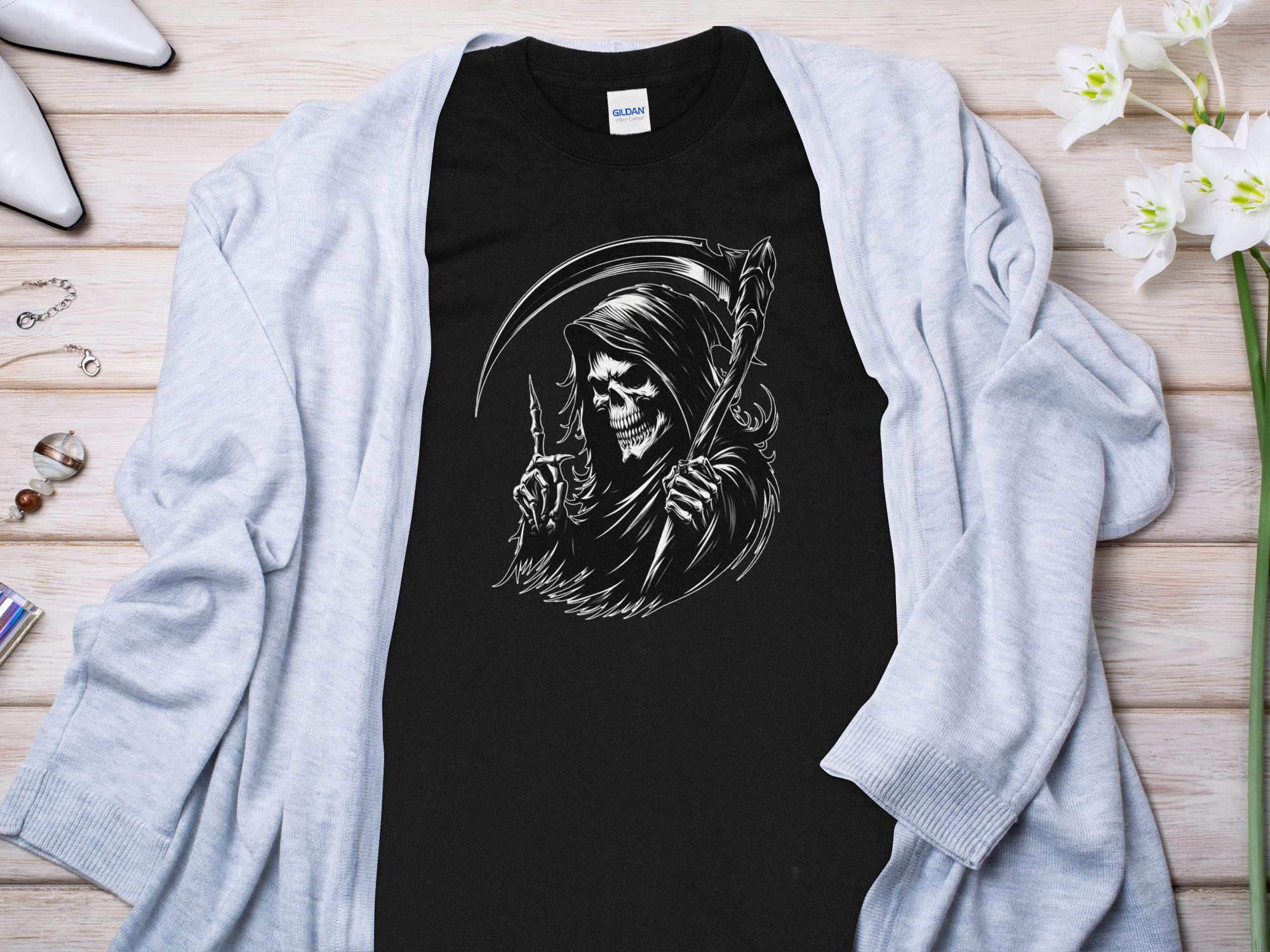 Grim Reaper - Black White Gildan Long Sleeve Commemorative Talisman Unisex Tee Graphic Design