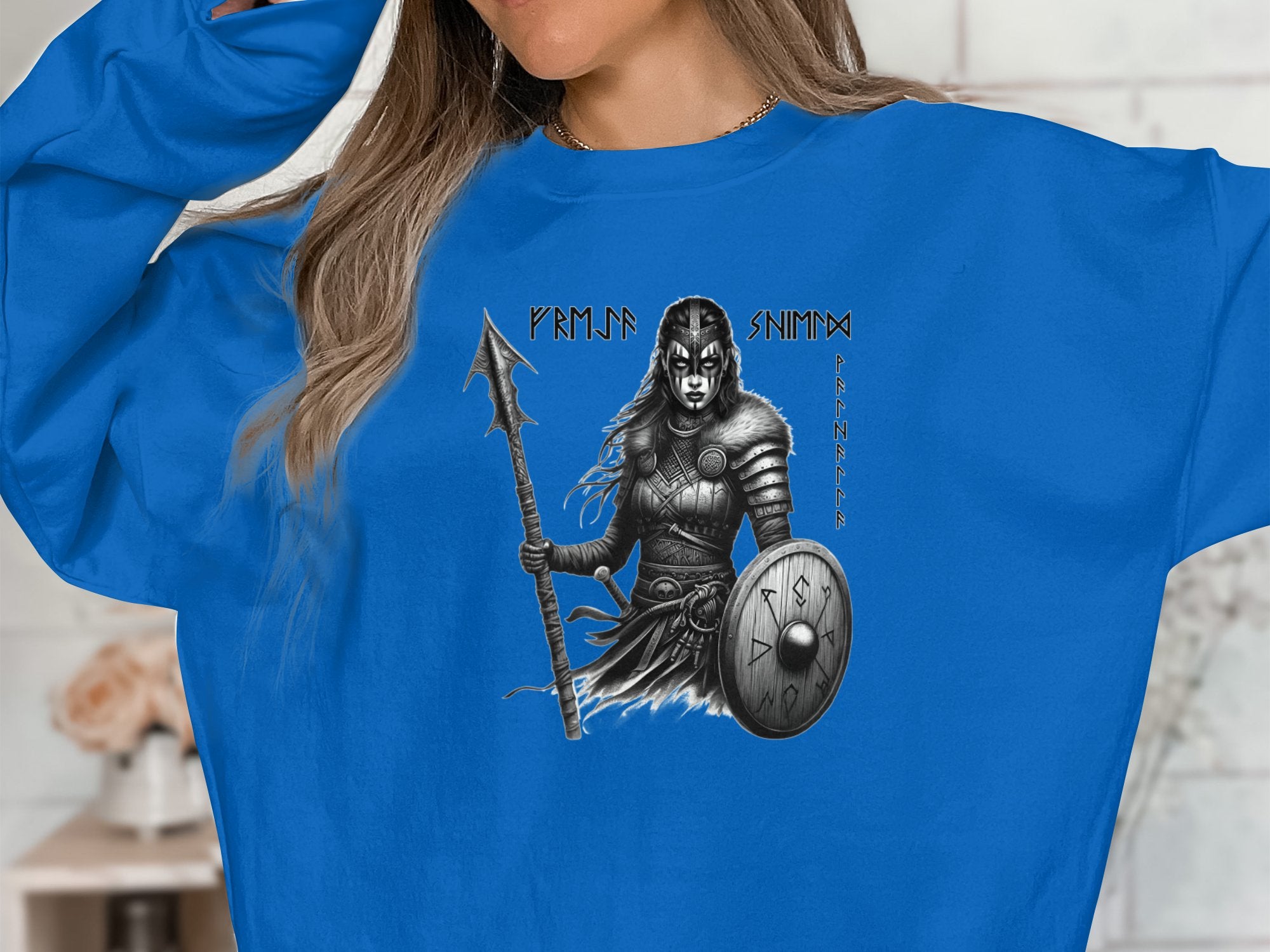 Viking Shield Maiden - Coloured Gildan Sweatshirt Realistic Norse Talisman Men Women Unisex Valhalla Tee Graphic Design