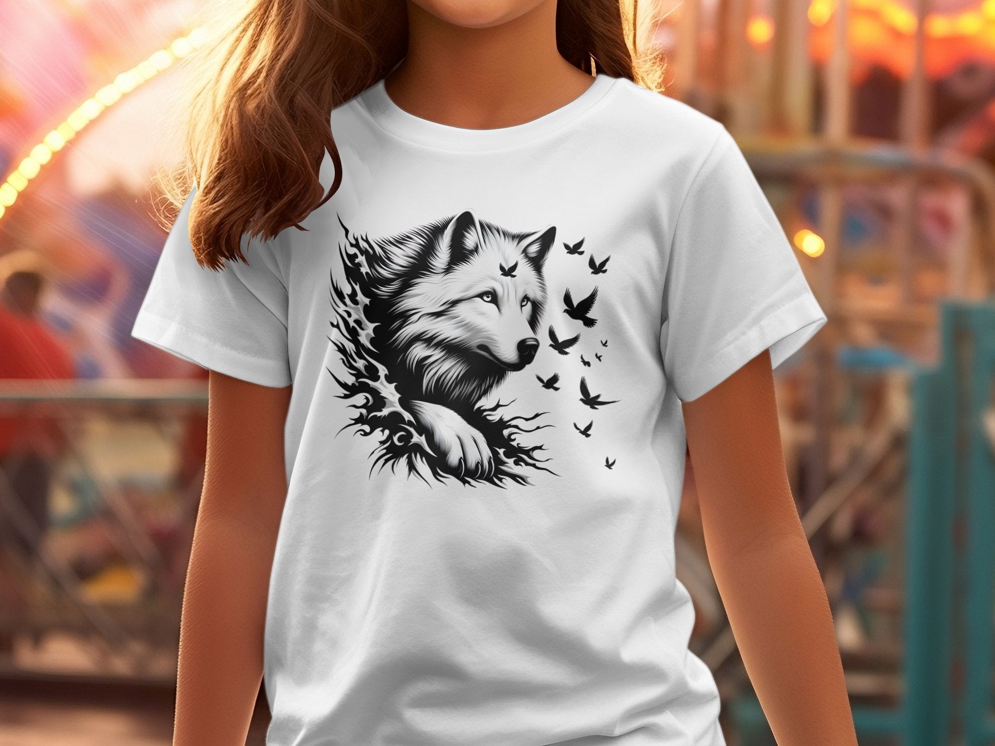 Wolf x Doves - Black White Gildan Kids T-Shirt Realistic Animal Talisman Unisex Tee Graphic Design