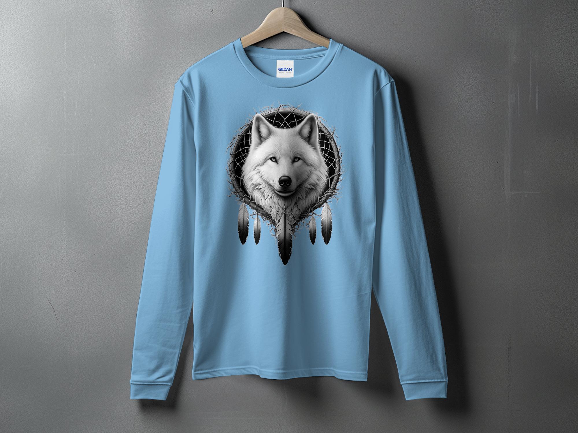 Dreamcatcher Wolf - Coloured Gildan Long Sleeve Realistic Native American Talisman Unisex Mythology Tee Graphic Design