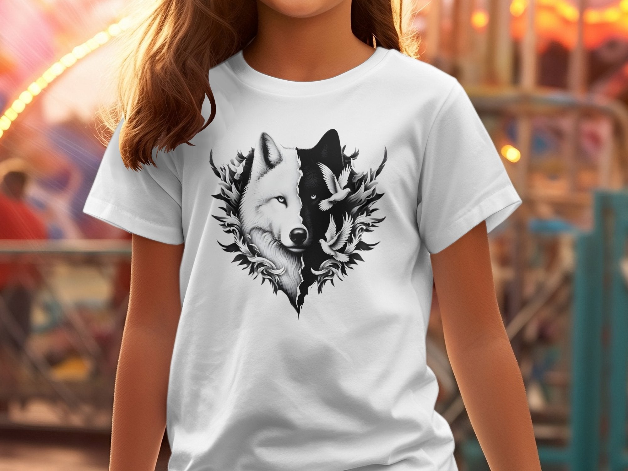 Wolf x Doves - Black White Gildan Kids T-Shirt Realistic Animal Talisman Unisex Tee Graphic Design