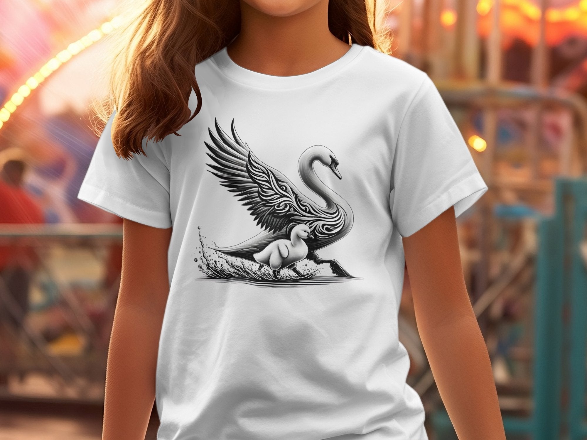 Swan & Cygnet- Black White Gildan Kids T-Shirt Realistic Family Talisman Unisex Tee Graphic Design