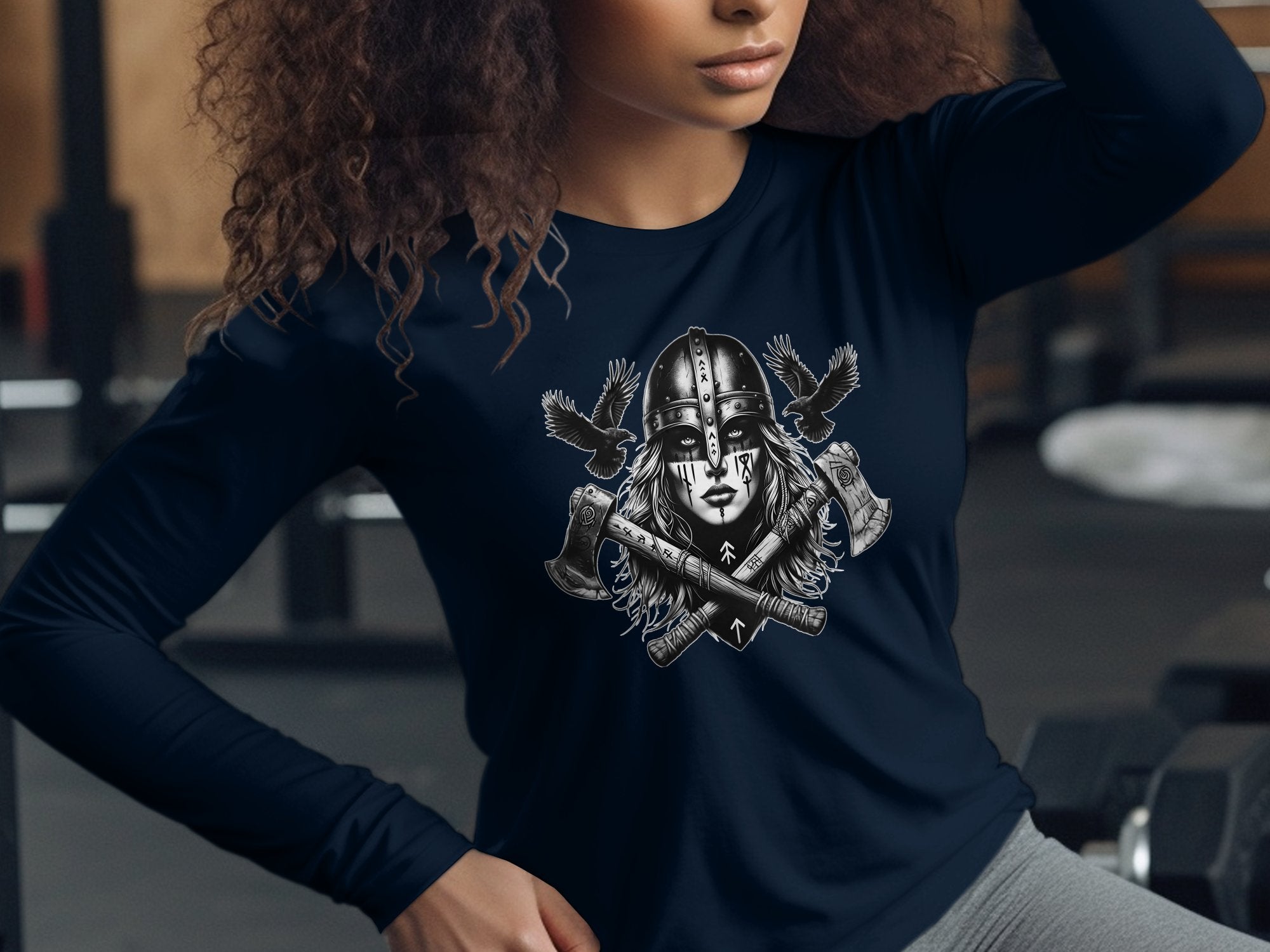 Viking Shield Maiden - Coloured Gildan Long Sleeve Realistic Norse Talisman Men Women Unisex Valhalla Tee Graphic Design