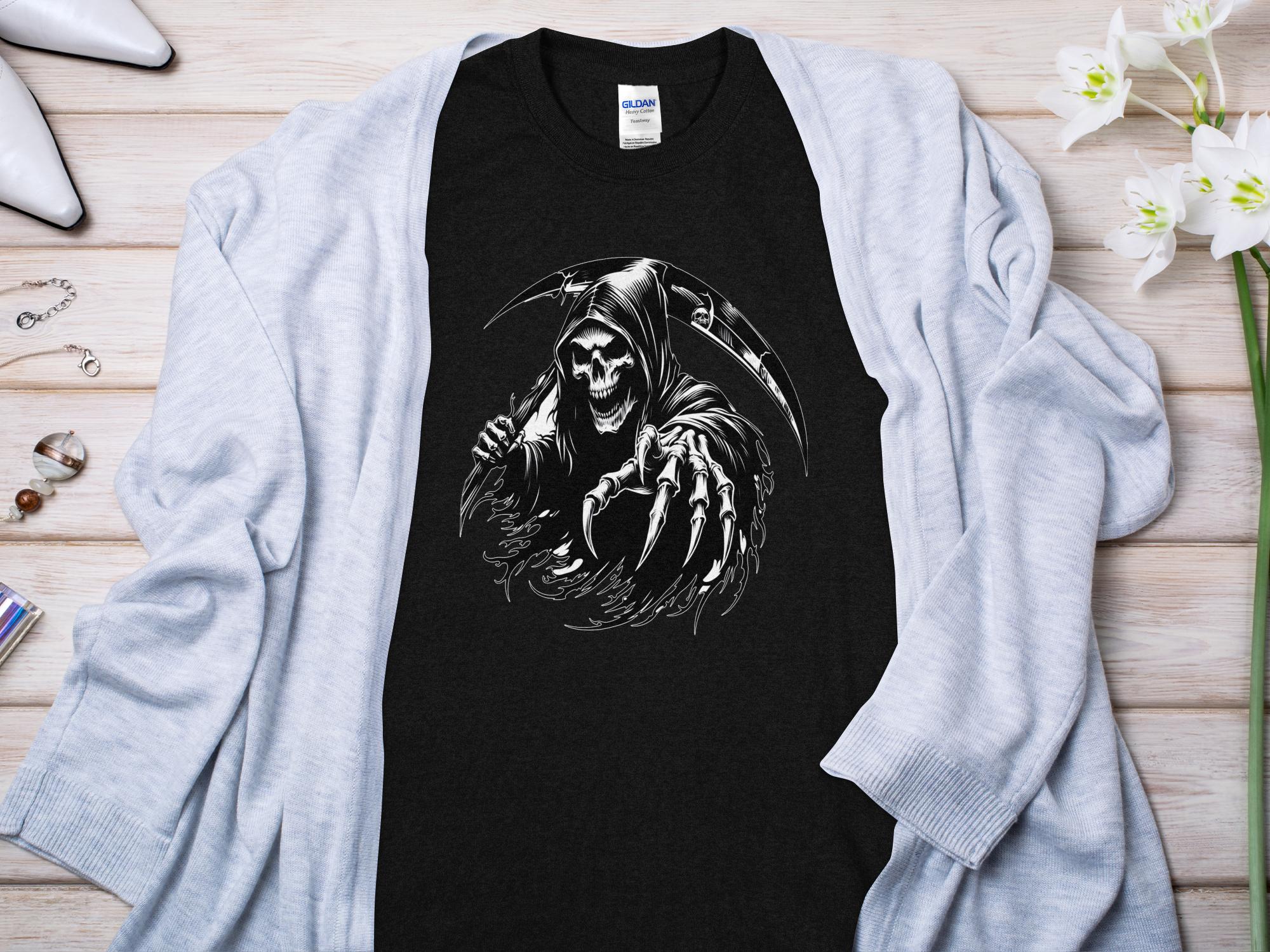 Grim Reaper - Black White Gildan T-Shirt Commemorative Talisman Unisex Tee Graphic Design