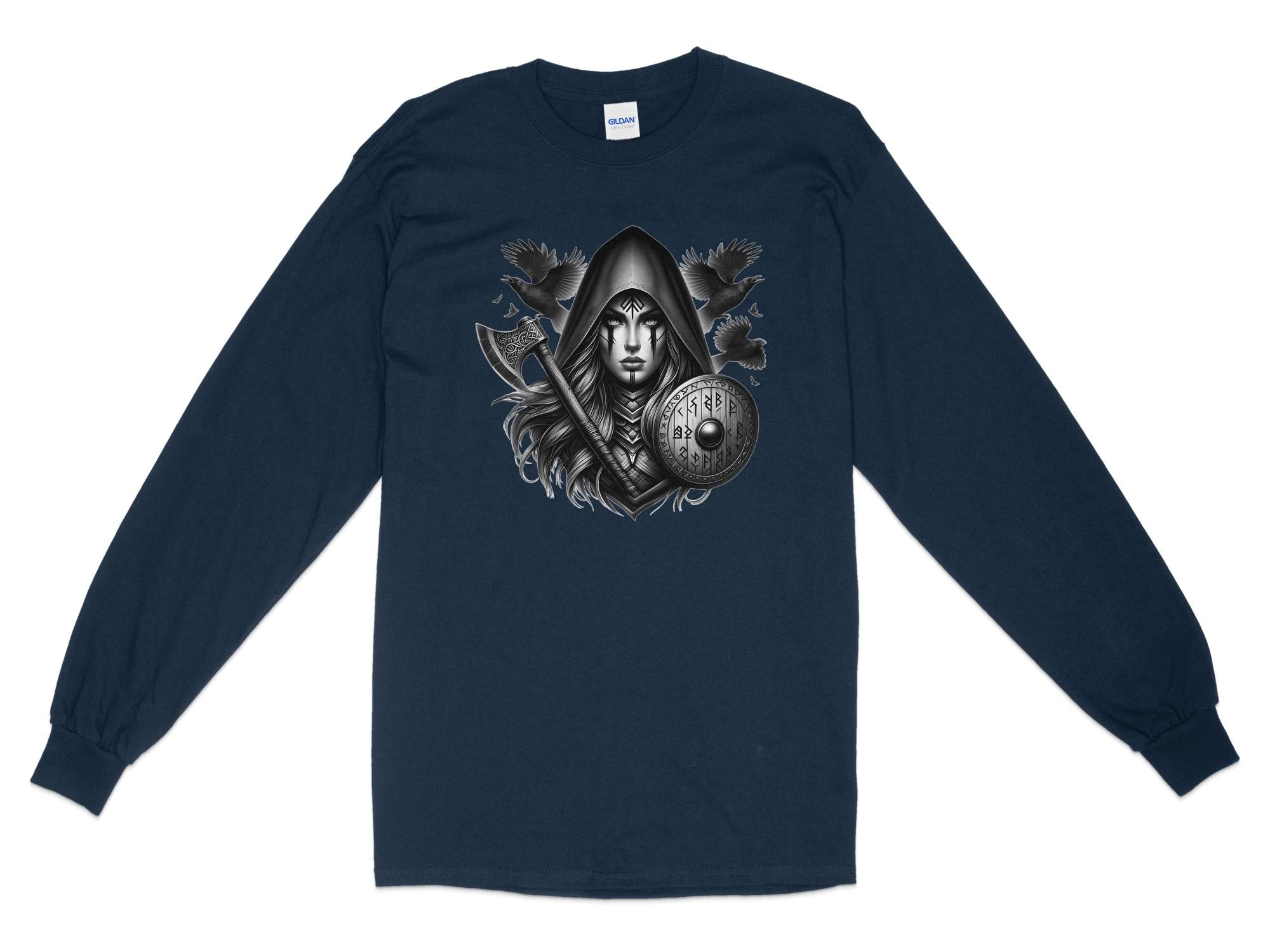 Viking Shield Maiden - Coloured Gildan Long Sleeve Realistic Norse Talisman Men Women Unisex Valhalla Tee Graphic Design