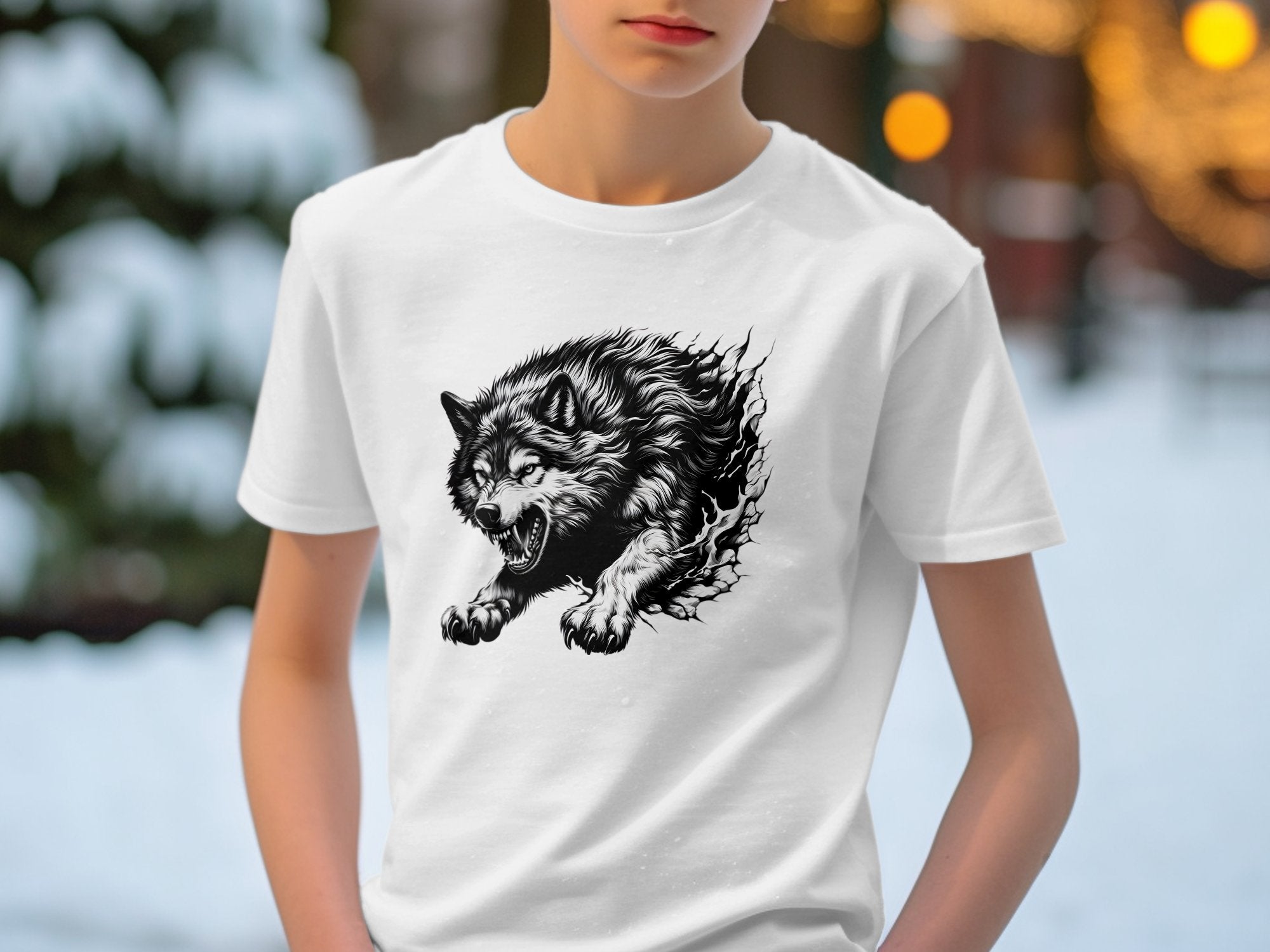 Wolf Tribal - Black White Gildan Kids T-Shirt Realistic Animal Talisman Unisex Tee Graphic Design