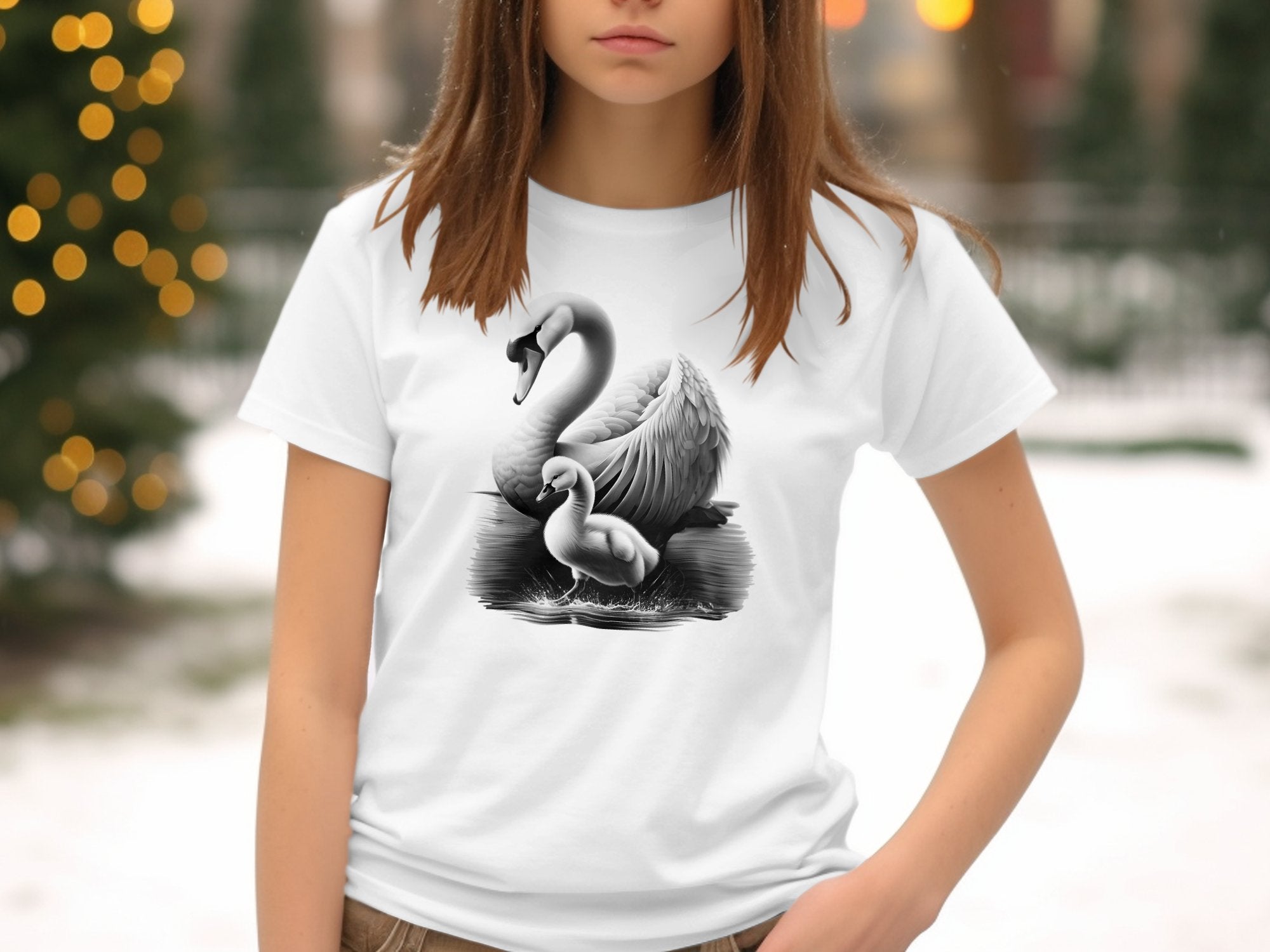 Swan & Cygnet- Black White Gildan Kids T-Shirt Realistic Family Talisman Unisex Tee Graphic Design