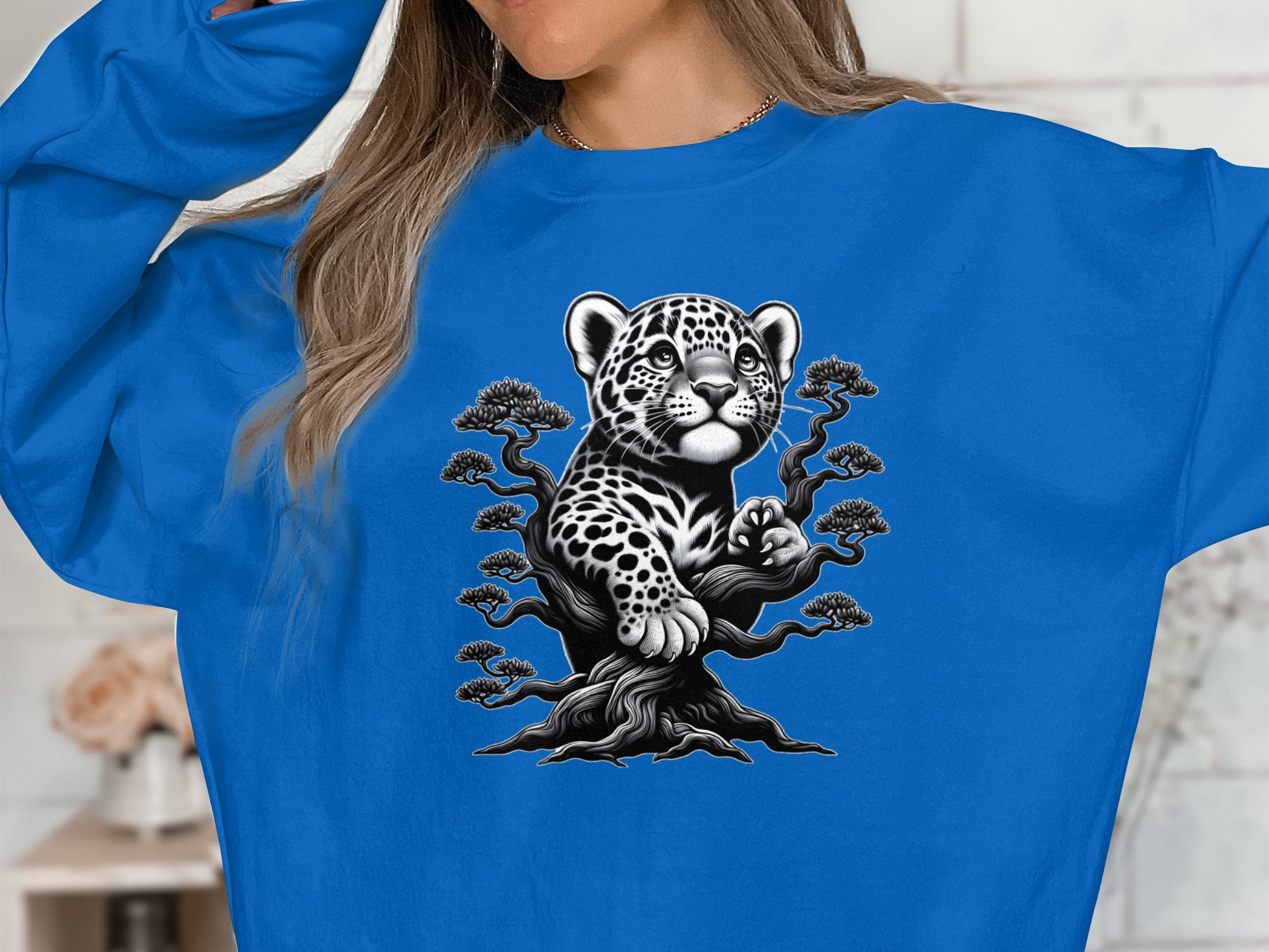 Leopard Bonsai - Coloured Gildan Sweatshirt Realistic Animal Talisman Unisex Cute Tee Graphic Design