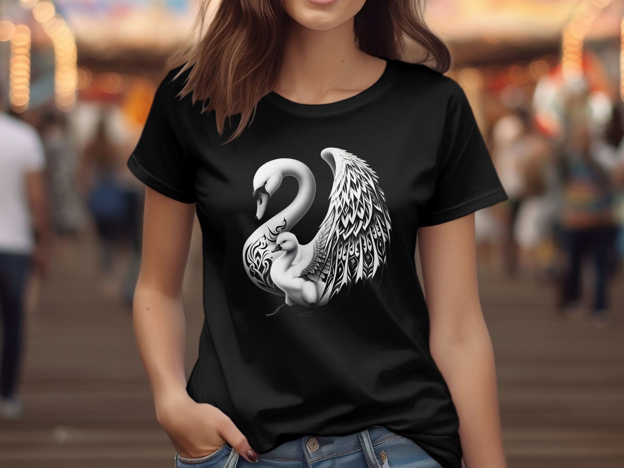 Swan & Cygnet- Black White Gildan T-Shirt Realistic Family Talisman Unisex Tee Graphic Design