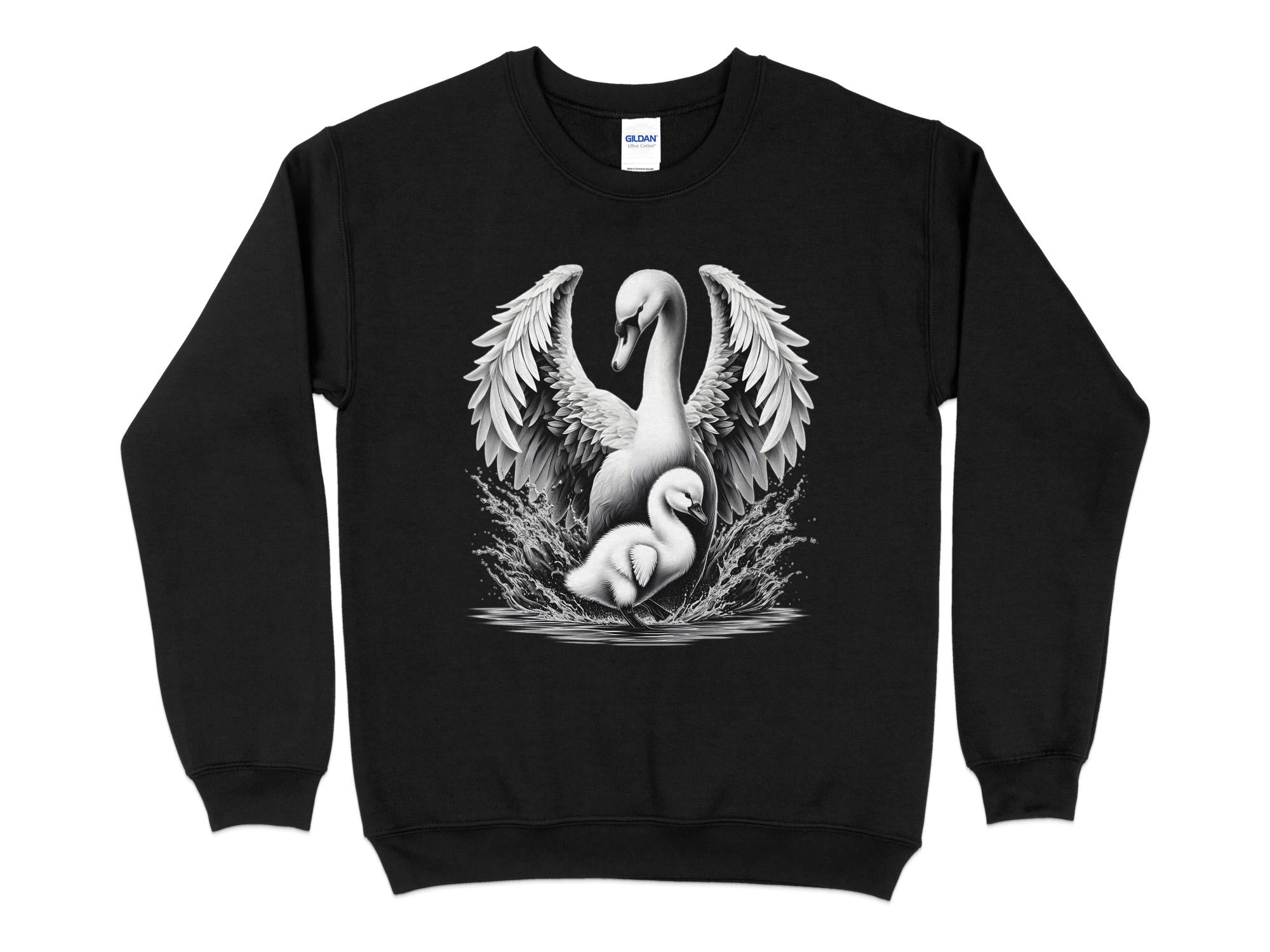 Swan & Cygnet- Black White Gildan Sweatshirt Realistic Family Talisman Unisex Tee Graphic Design