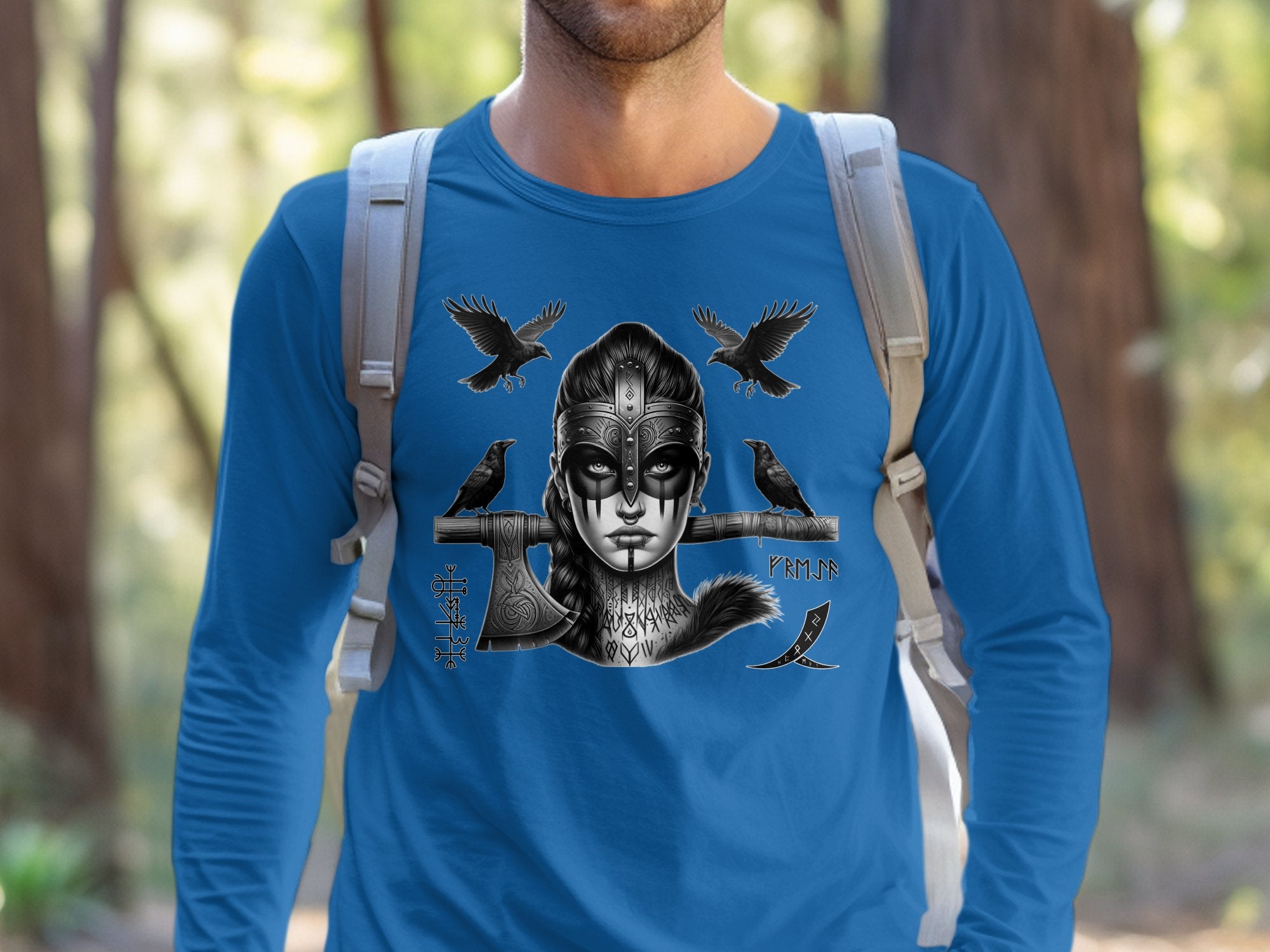 Viking Shield Maiden - Coloured Gildan Long Sleeve Realistic Norse Talisman Men Women Unisex Valhalla Tee Graphic Design