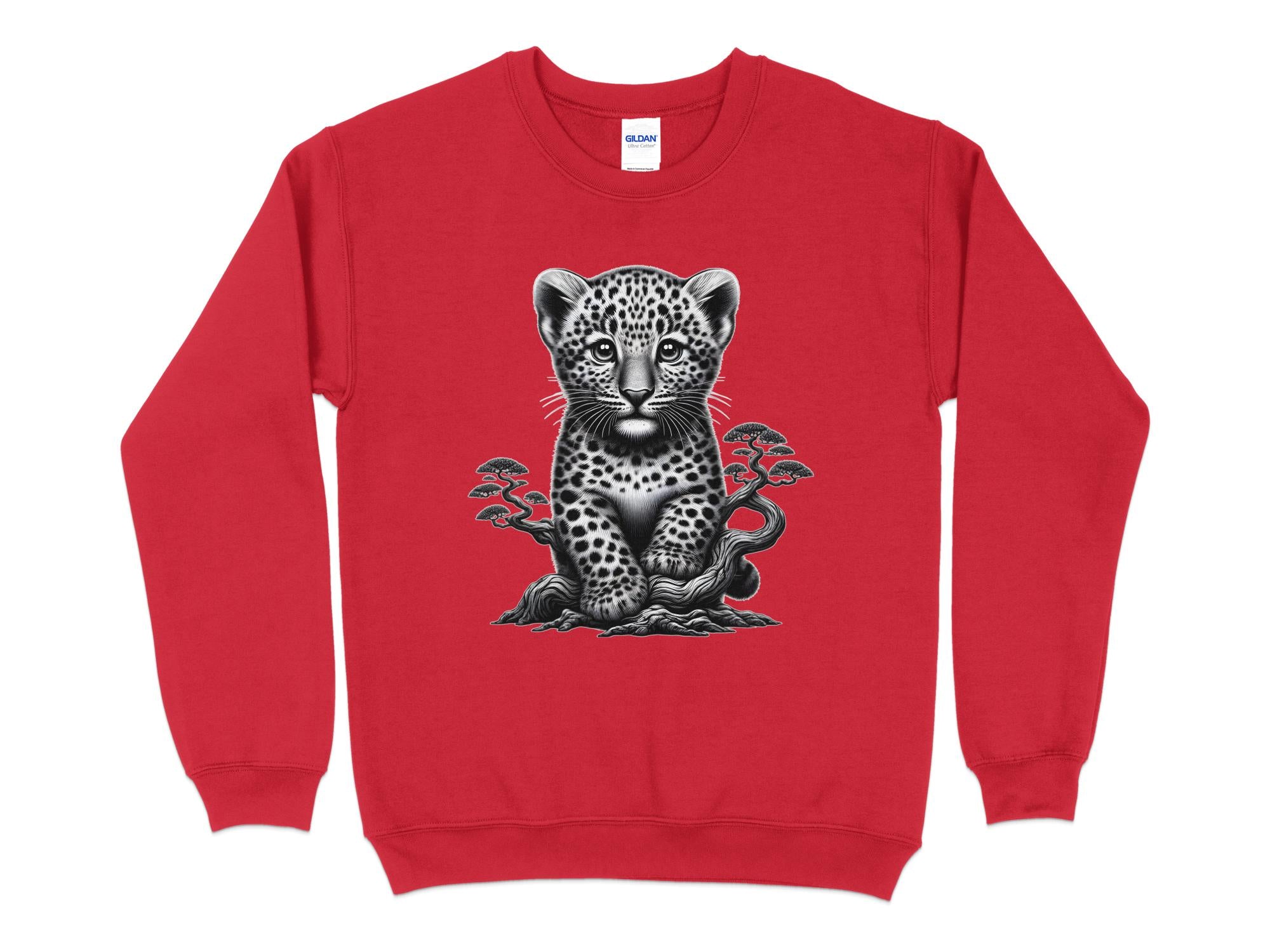 Leopard Bonsai - Coloured Gildan Sweatshirt Realistic Animal Talisman Unisex Cute Tee Graphic Design