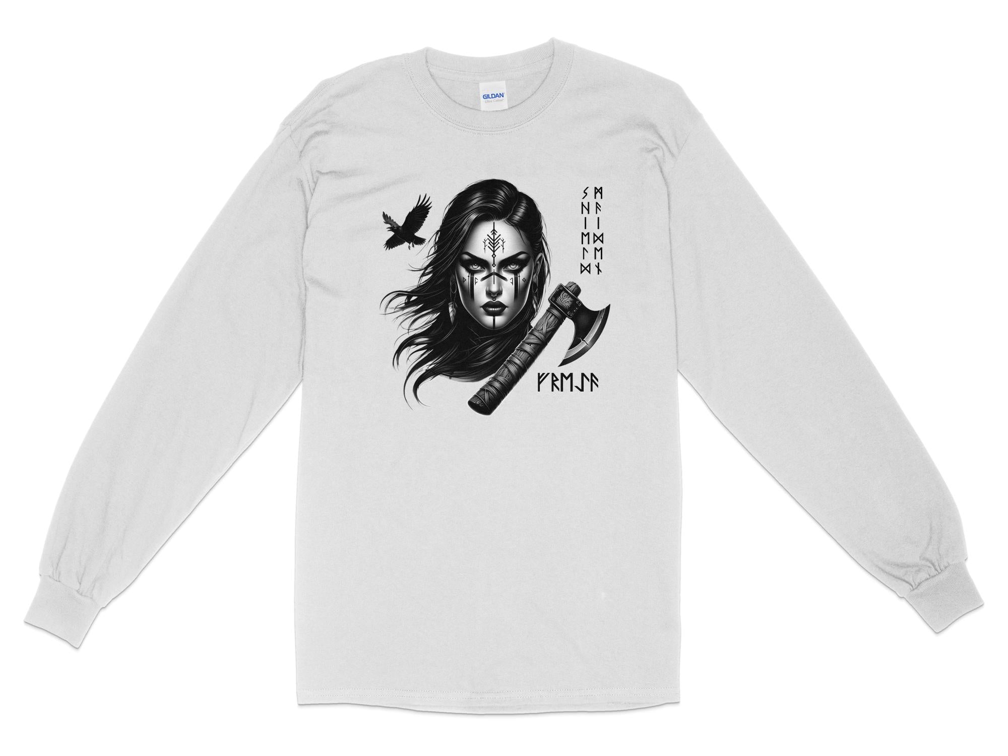 Viking Shield Maiden - Coloured Gildan Long Sleeve Realistic Norse Talisman Men Women Unisex Valhalla Tee Graphic Design