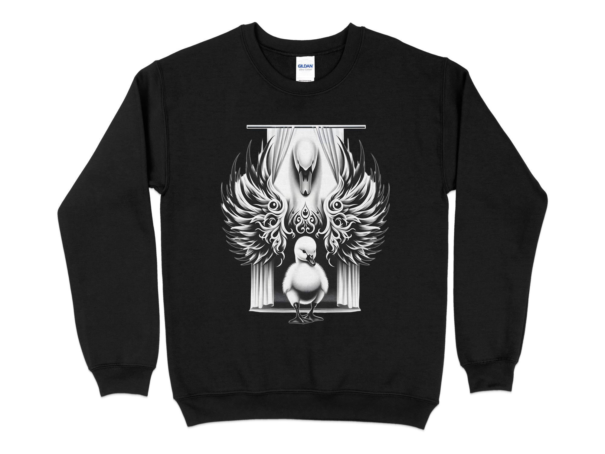 Swan & Cygnet- Black White Gildan Sweatshirt Realistic Family Talisman Unisex Tee Graphic Design