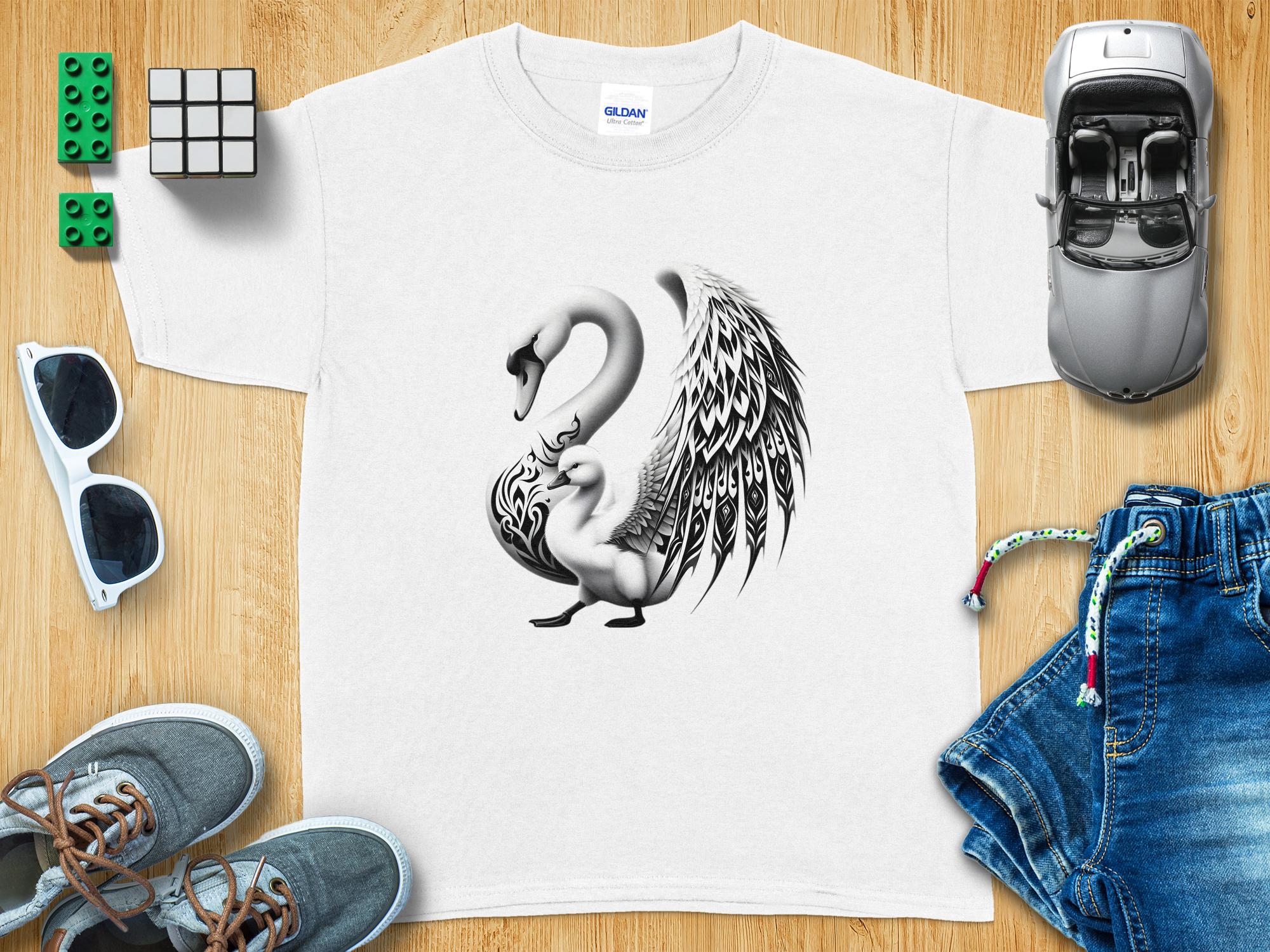 Swan & Cygnet- Black White Gildan Kids T-Shirt Realistic Family Talisman Unisex Tee Graphic Design