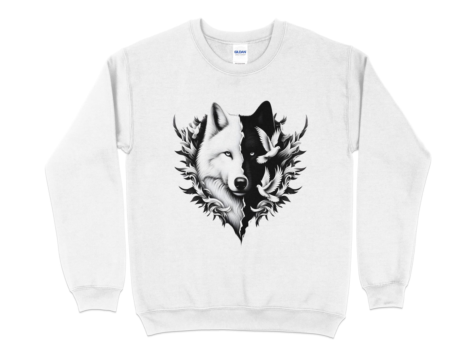 Wolf x Doves - Black White Gildan Sweatshirt Realistic Animal Talisman Unisex Tee Graphic Design