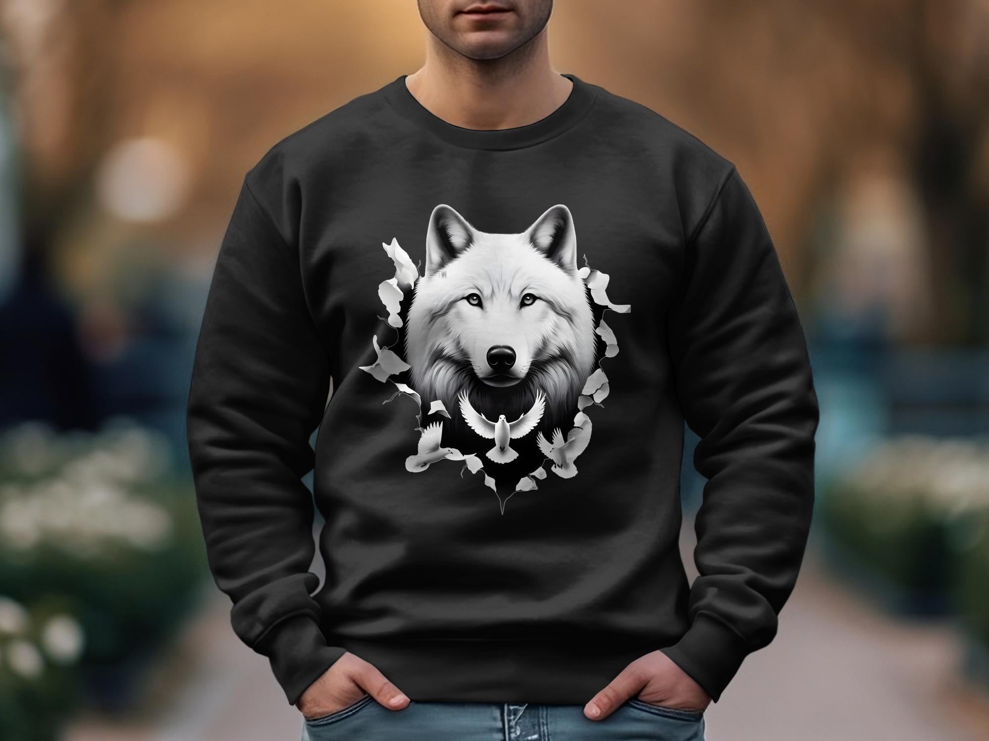 Wolf x Doves - Black White Gildan Sweatshirt Realistic Animal Talisman Unisex Tee Graphic Design