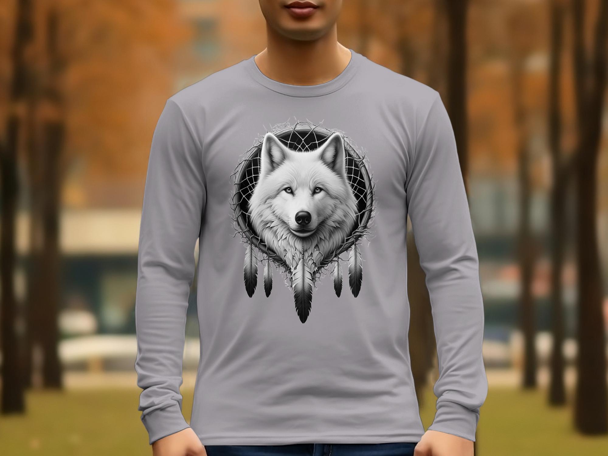 Dreamcatcher Wolf - Coloured Gildan Long Sleeve Realistic Native American Talisman Unisex Mythology Tee Graphic Design