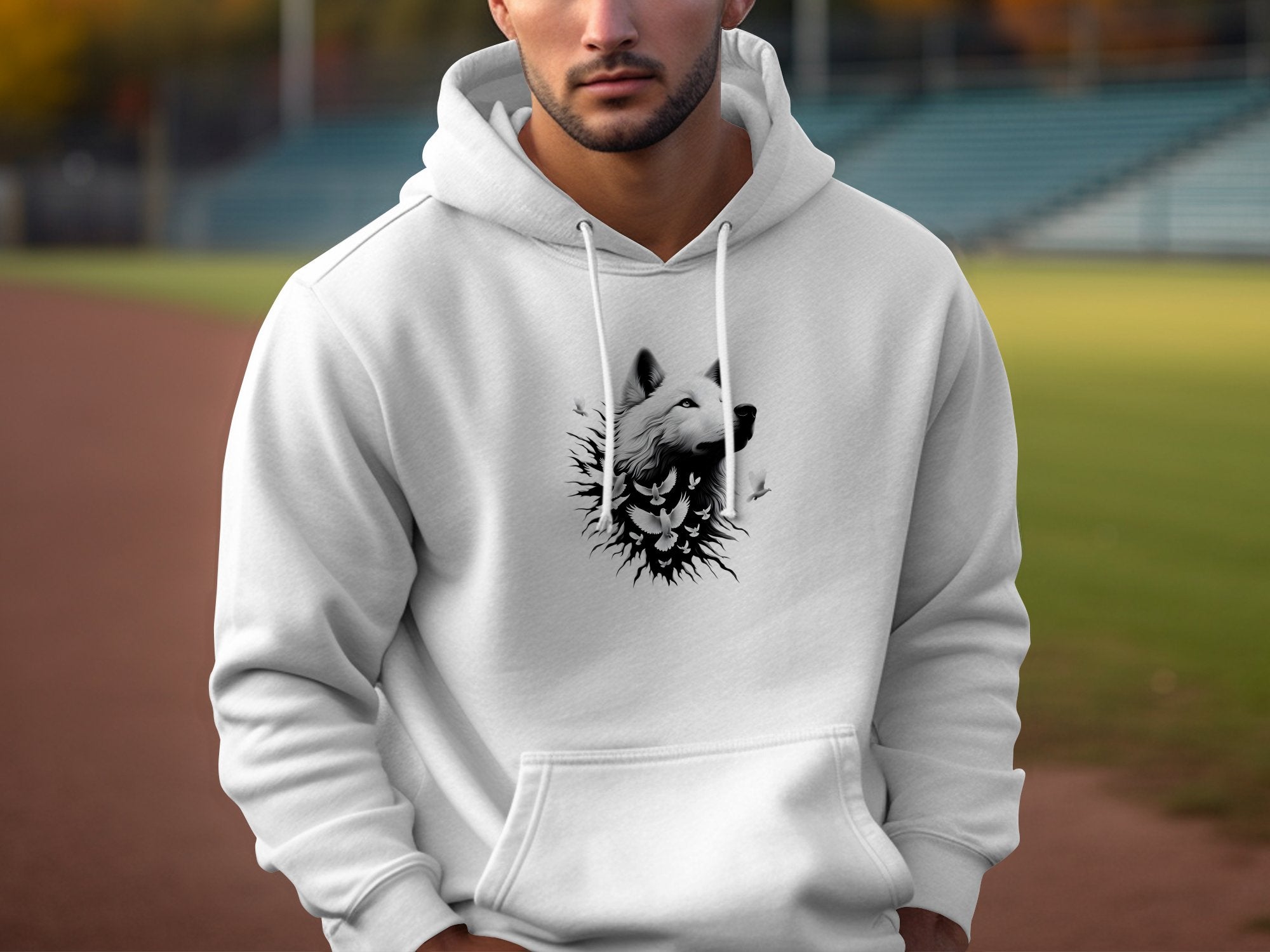 Wolf x Doves - Black White Gildan Hoodie Realistic Animal Talisman Unisex Tee Graphic Design