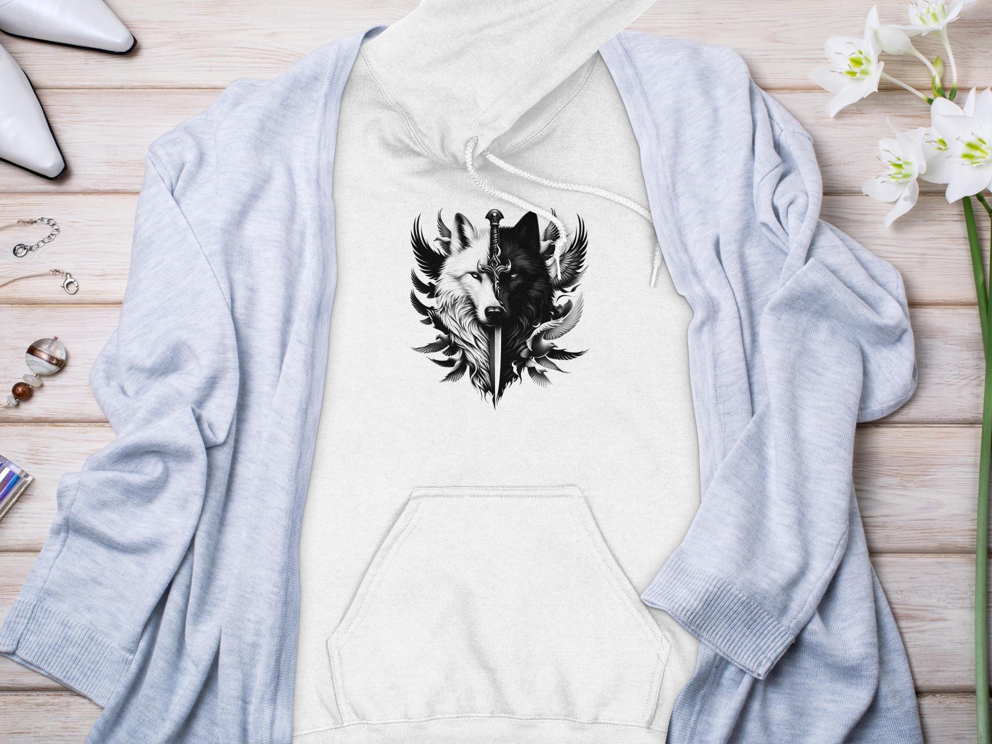 Wolf x Doves - Black White Gildan Hoodie Realistic Animal Talisman Unisex Tee Graphic Design