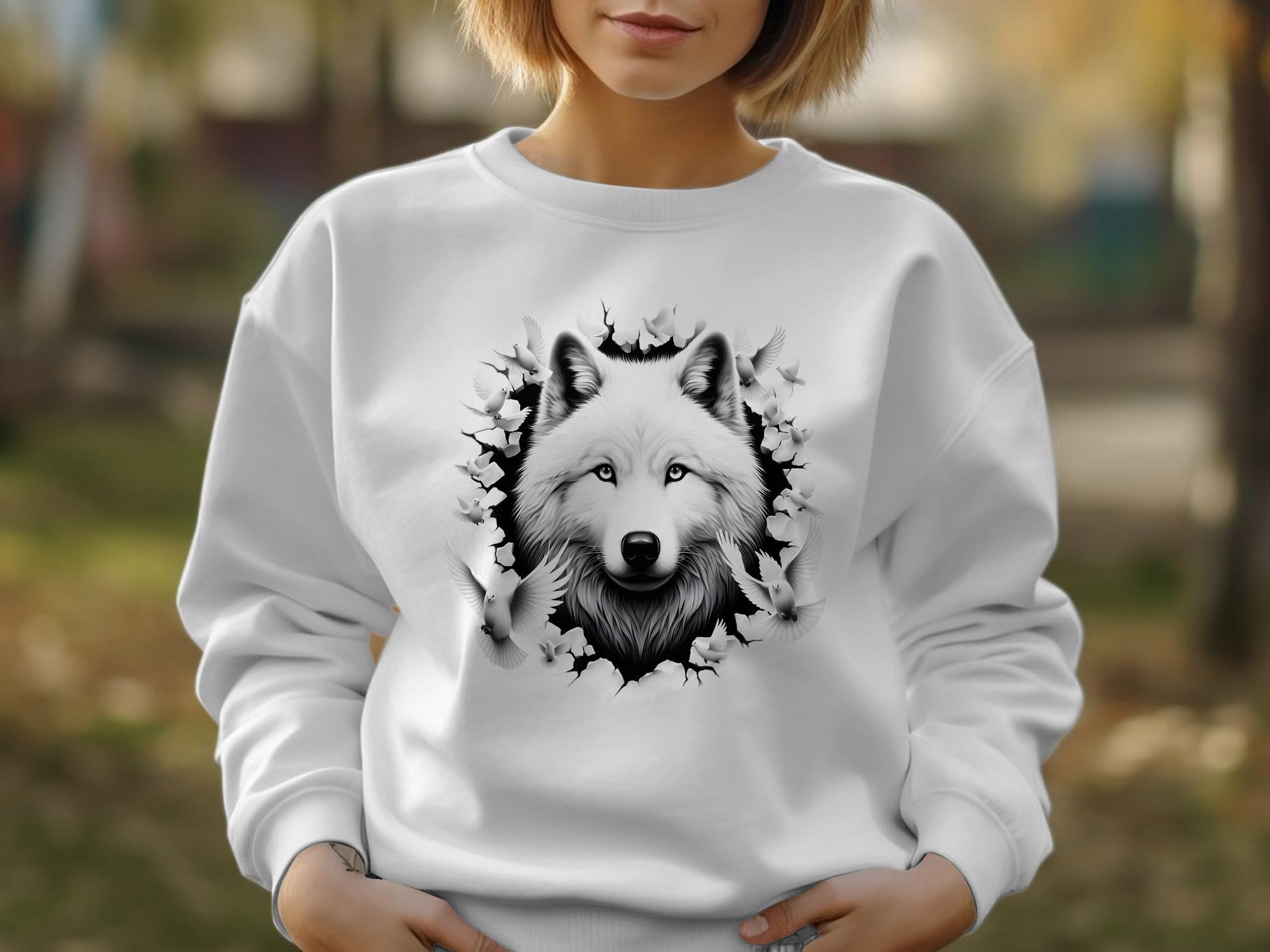 Wolf x Doves - Black White Gildan Sweatshirt Realistic Animal Talisman Unisex Tee Graphic Design