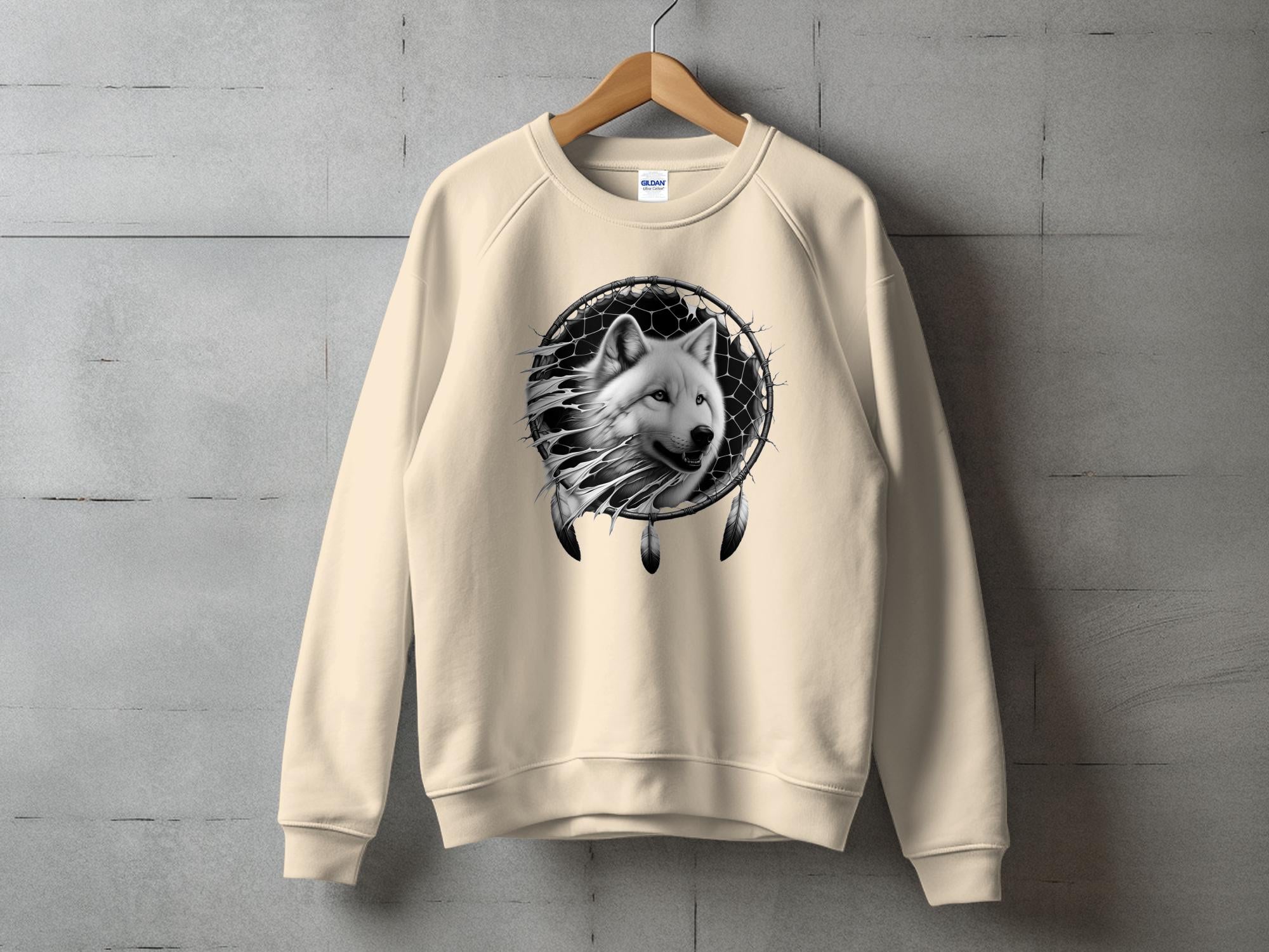 Dreamcatcher Wolf - Coloured Gildan Sweatshirt Realistic Native American Talisman Unisex Mythology Tee Graphic Design