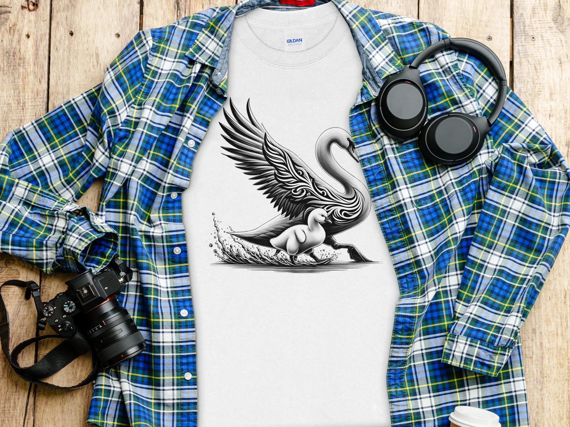 Swan & Cygnet- Black White Gildan Long Sleeve Realistic Family Talisman Unisex Tee Graphic Design