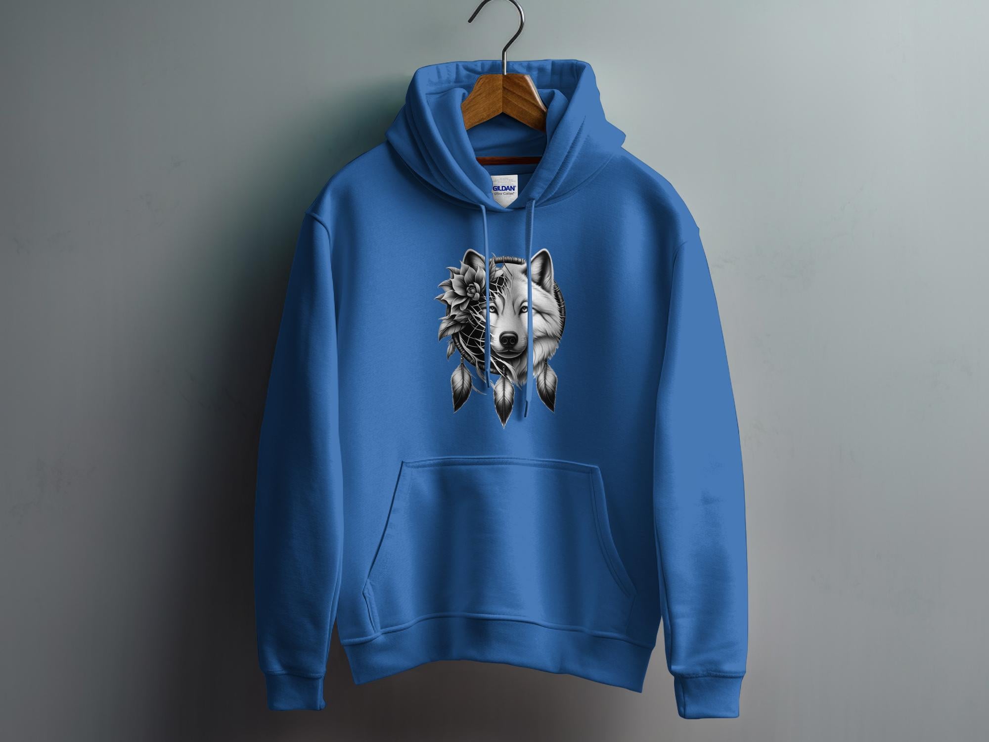 Dreamcatcher Wolf - Coloured Gildan Hoodie Realistic Native American Talisman Unisex Mythology Tee Graphic Design