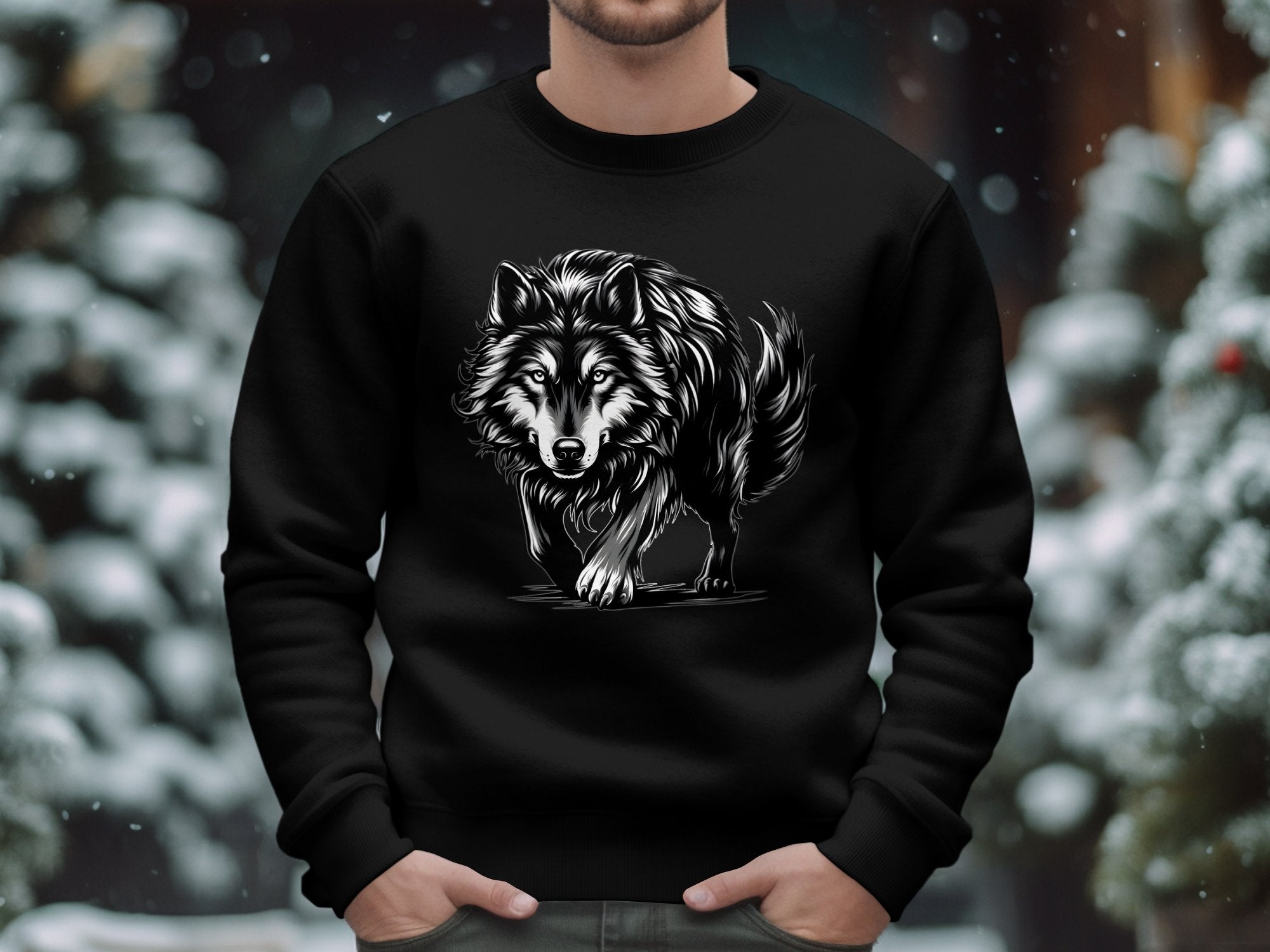 Wolf Tribal - Black White Gildan Sweatshirt Realistic Animal Talisman Unisex Tee Graphic Design