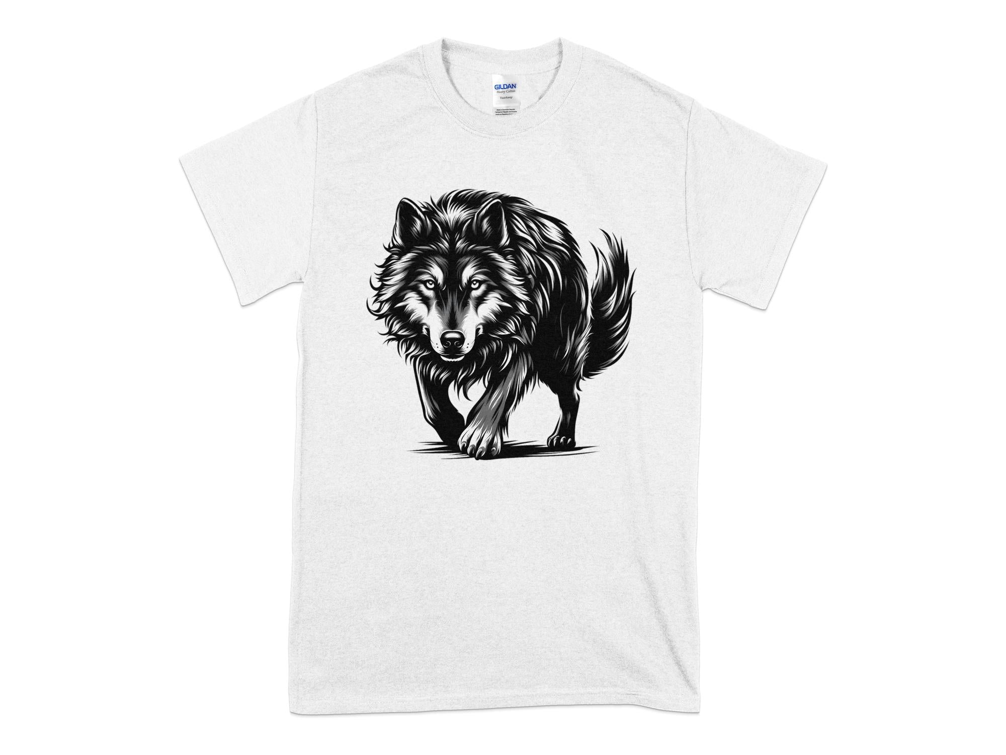 Wolf Tribal - Black White Gildan T-Shirt Realistic Animal Talisman Unisex Tee Graphic Design