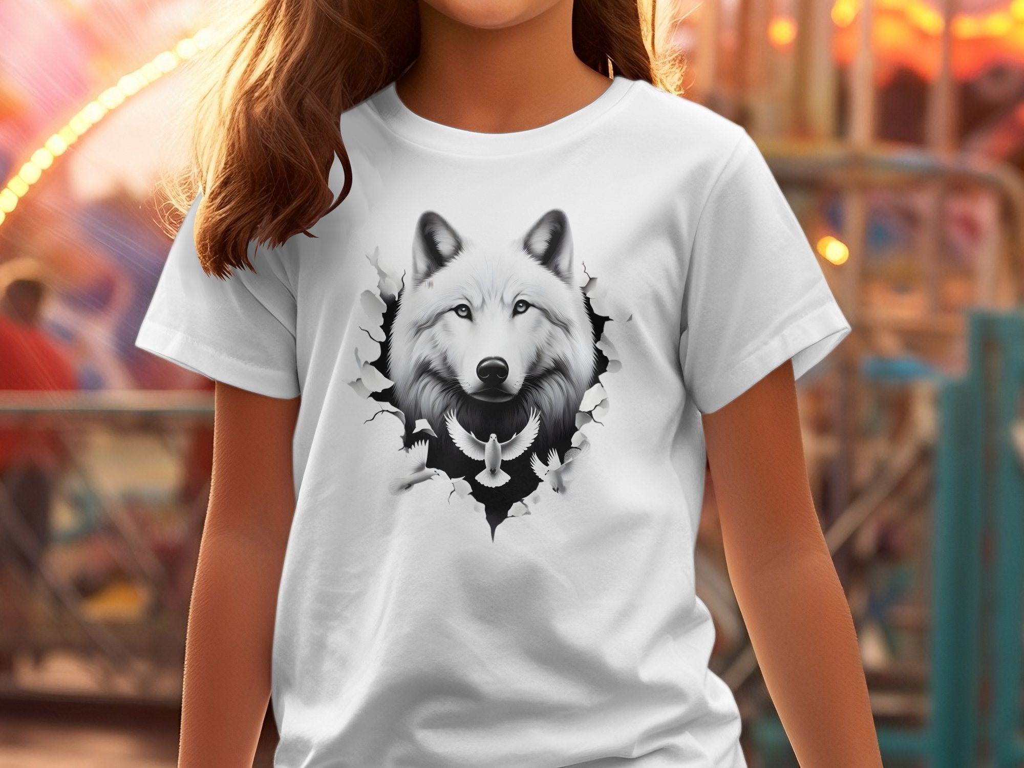 Wolf x Doves - Black White Gildan Kids T-Shirt Realistic Animal Talisman Unisex Tee Graphic Design