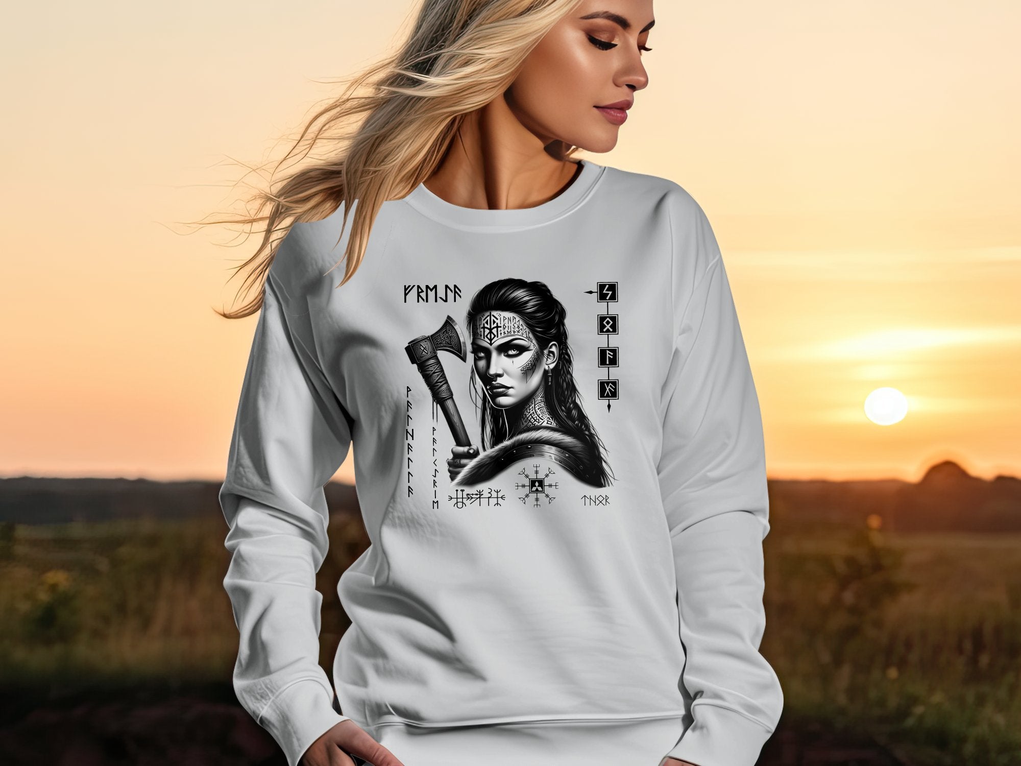 Viking Shield Maiden - Coloured Gildan Sweatshirt Realistic Norse Talisman Men Women Unisex Valhalla Tee Graphic Design