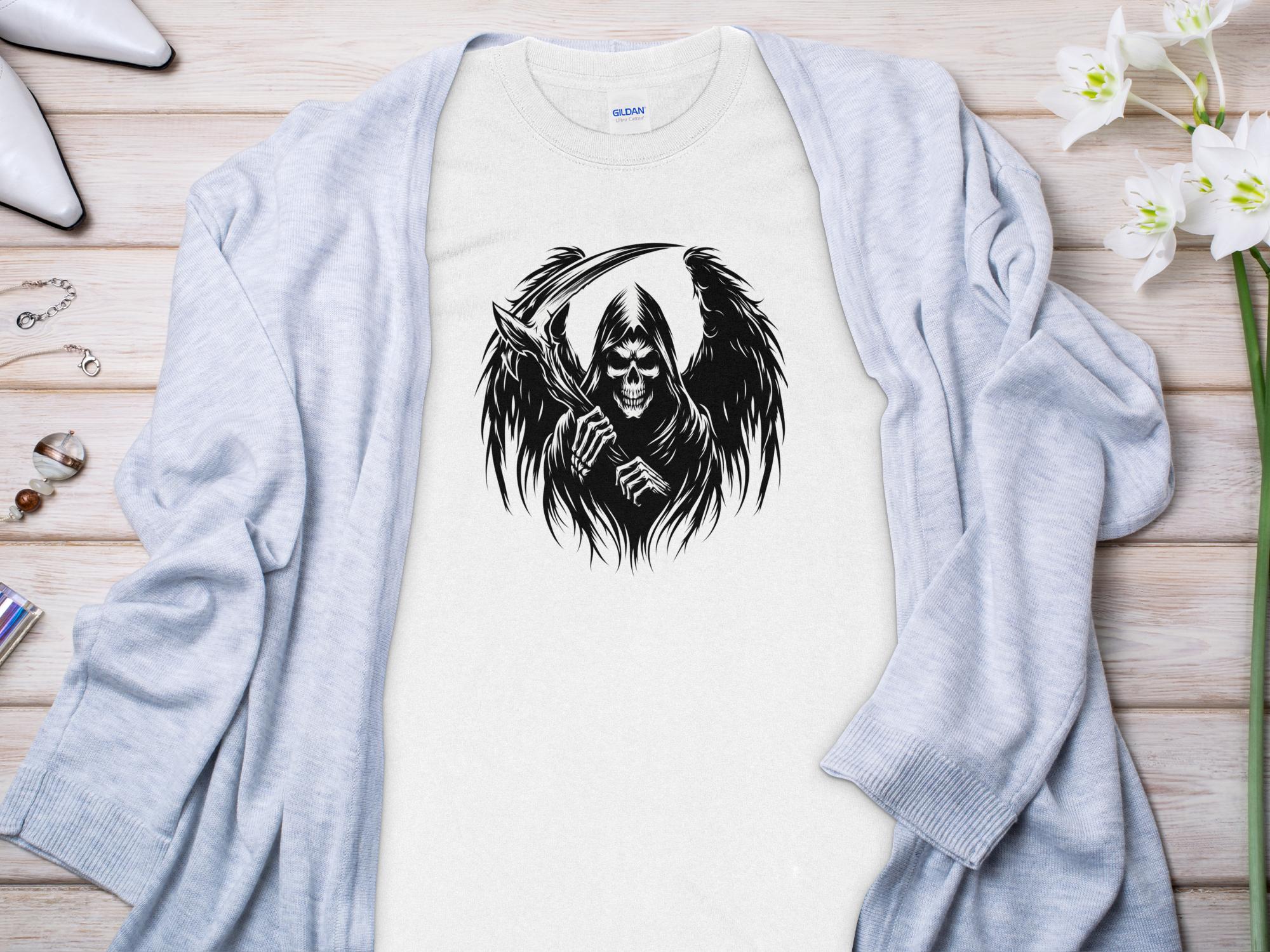 Grim Reaper - Black White Gildan Long Sleeve Commemorative Talisman Unisex Tee Graphic Design