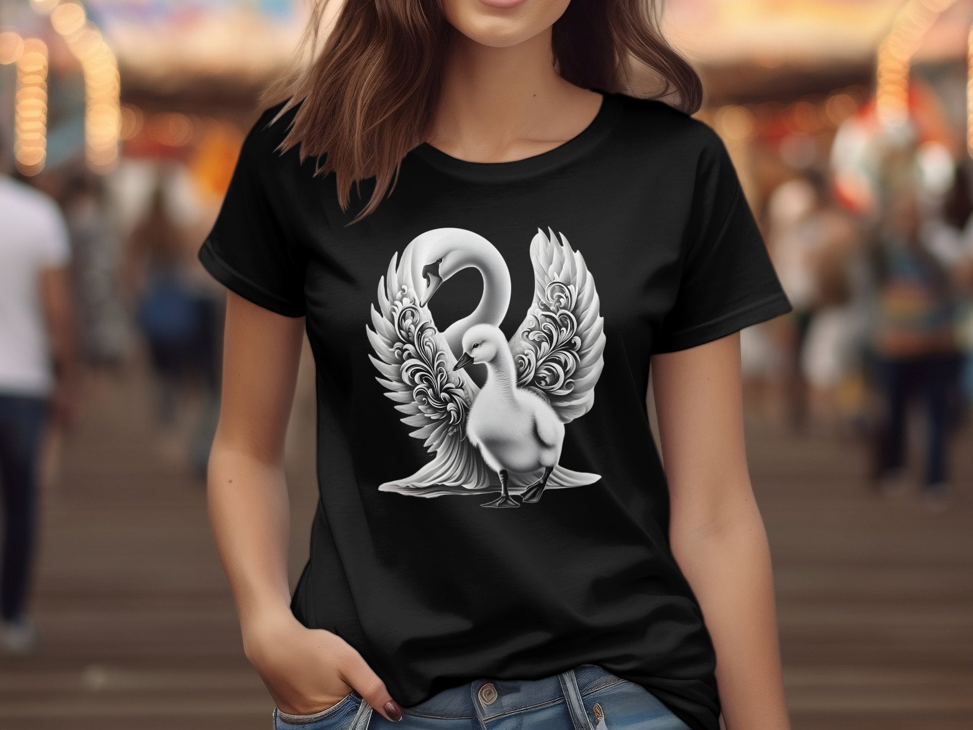 Swan & Cygnet- Black White Gildan T-Shirt Realistic Family Talisman Unisex Tee Graphic Design