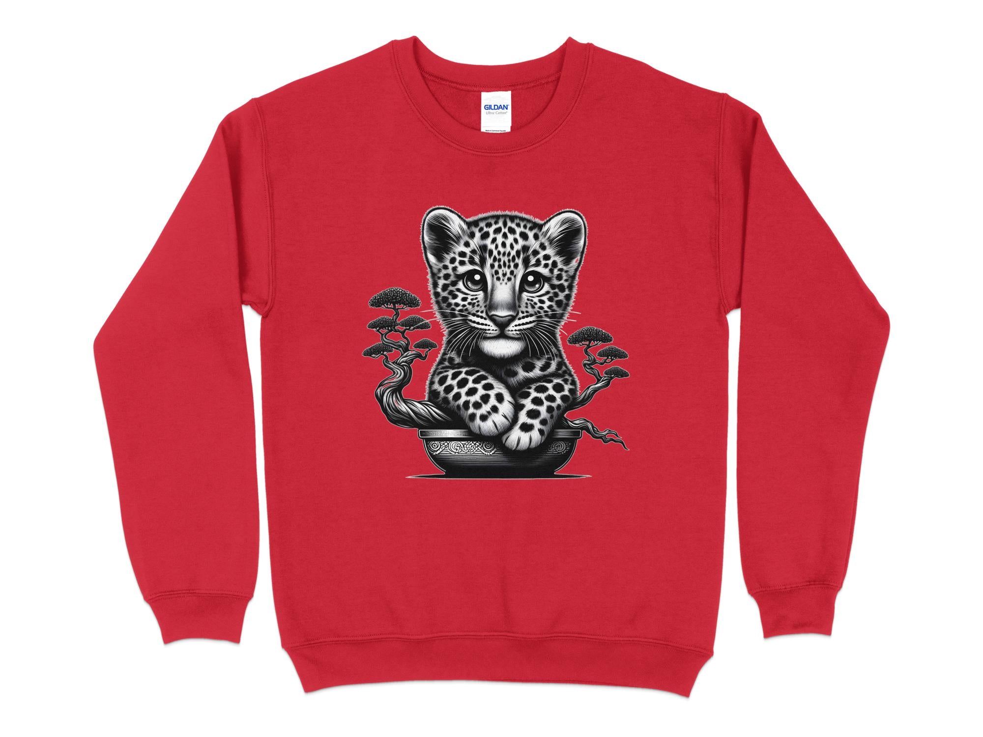 Leopard Bonsai - Coloured Gildan Sweatshirt Realistic Animal Talisman Unisex Cute Tee Graphic Design