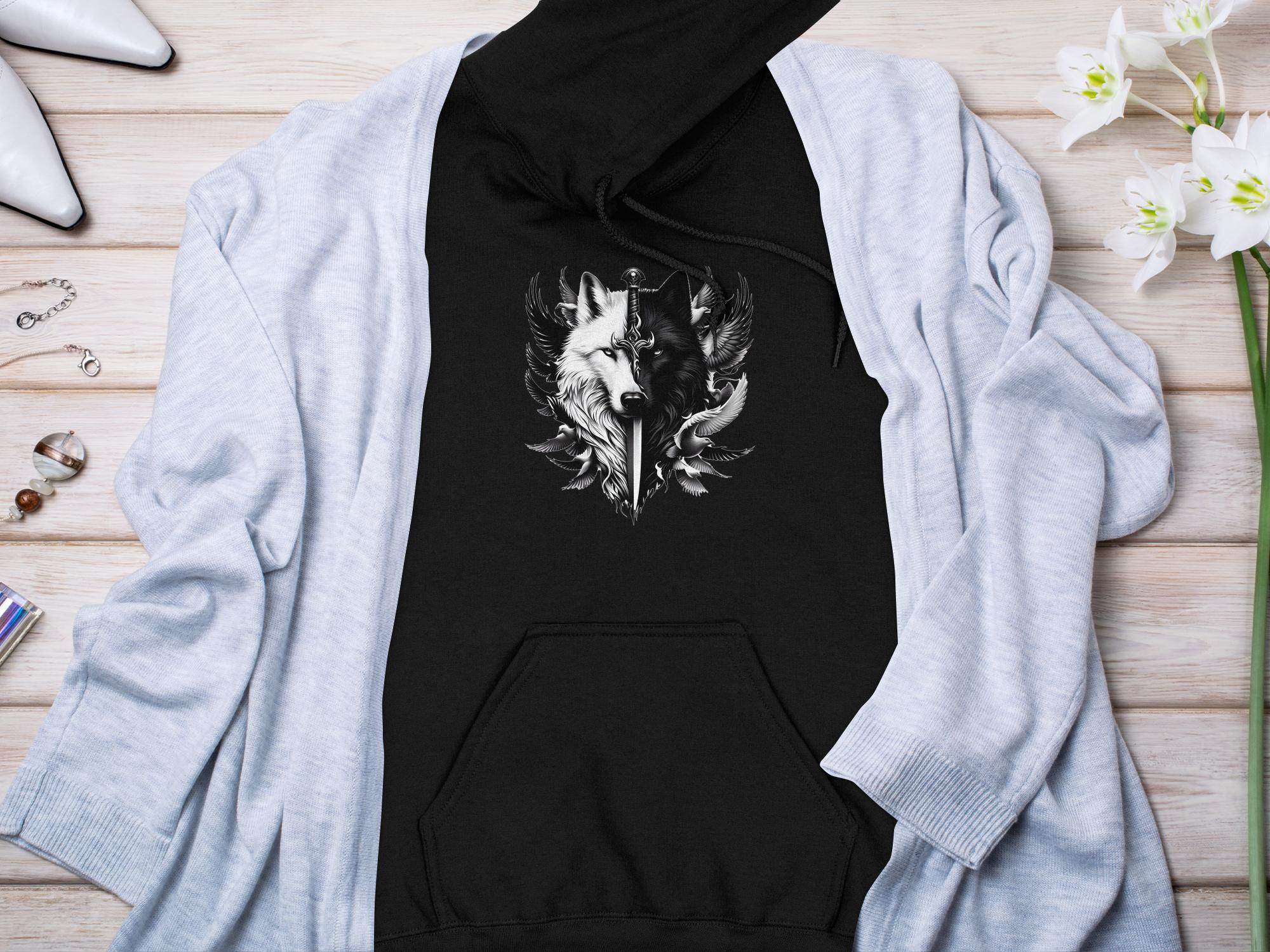 Wolf x Doves - Black White Gildan Hoodie Realistic Animal Talisman Unisex Tee Graphic Design