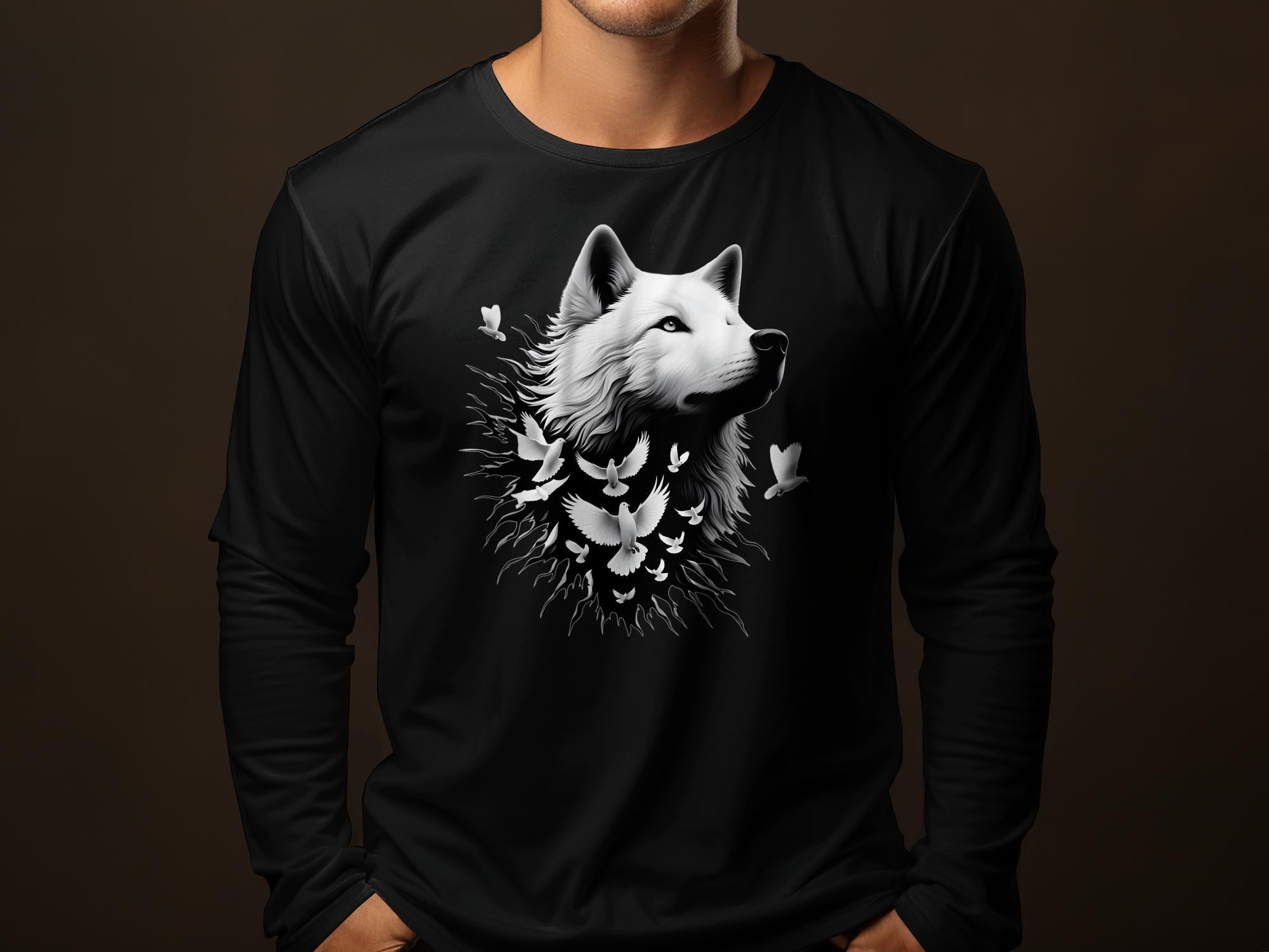 Wolf x Doves - Black White Gildan Long Sleeve Realistic Animal Talisman Unisex Tee Graphic Design