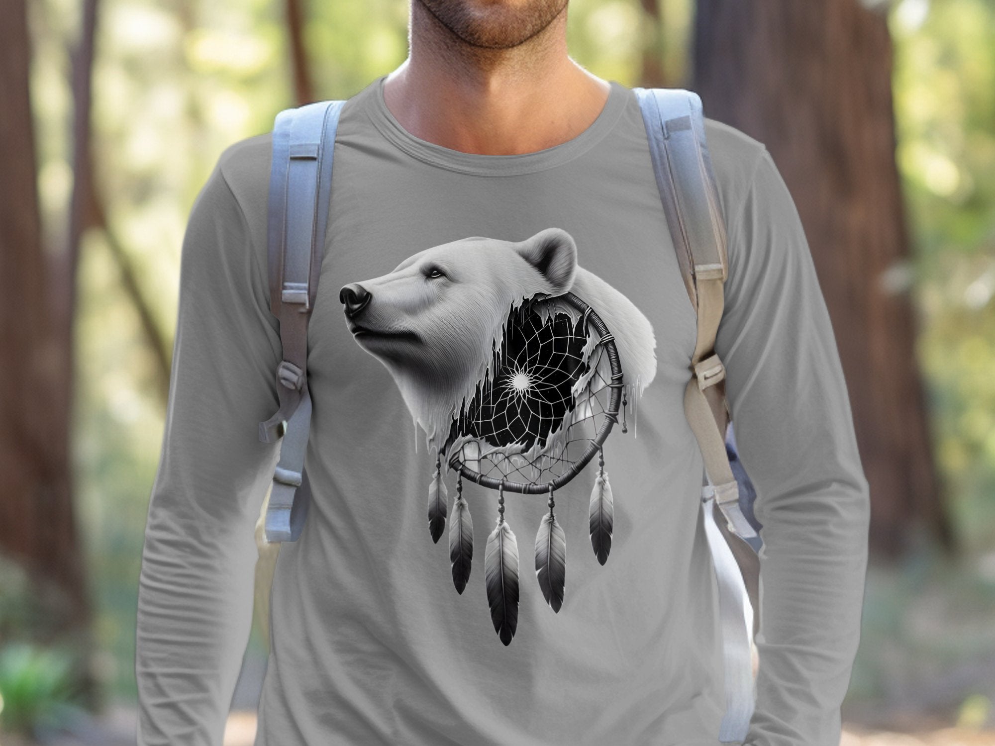 Dreamcatcher Bear - Coloured Gildan Long Sleeve Realistic Native American Talisman Unisex Mythology Tee Graphic Design