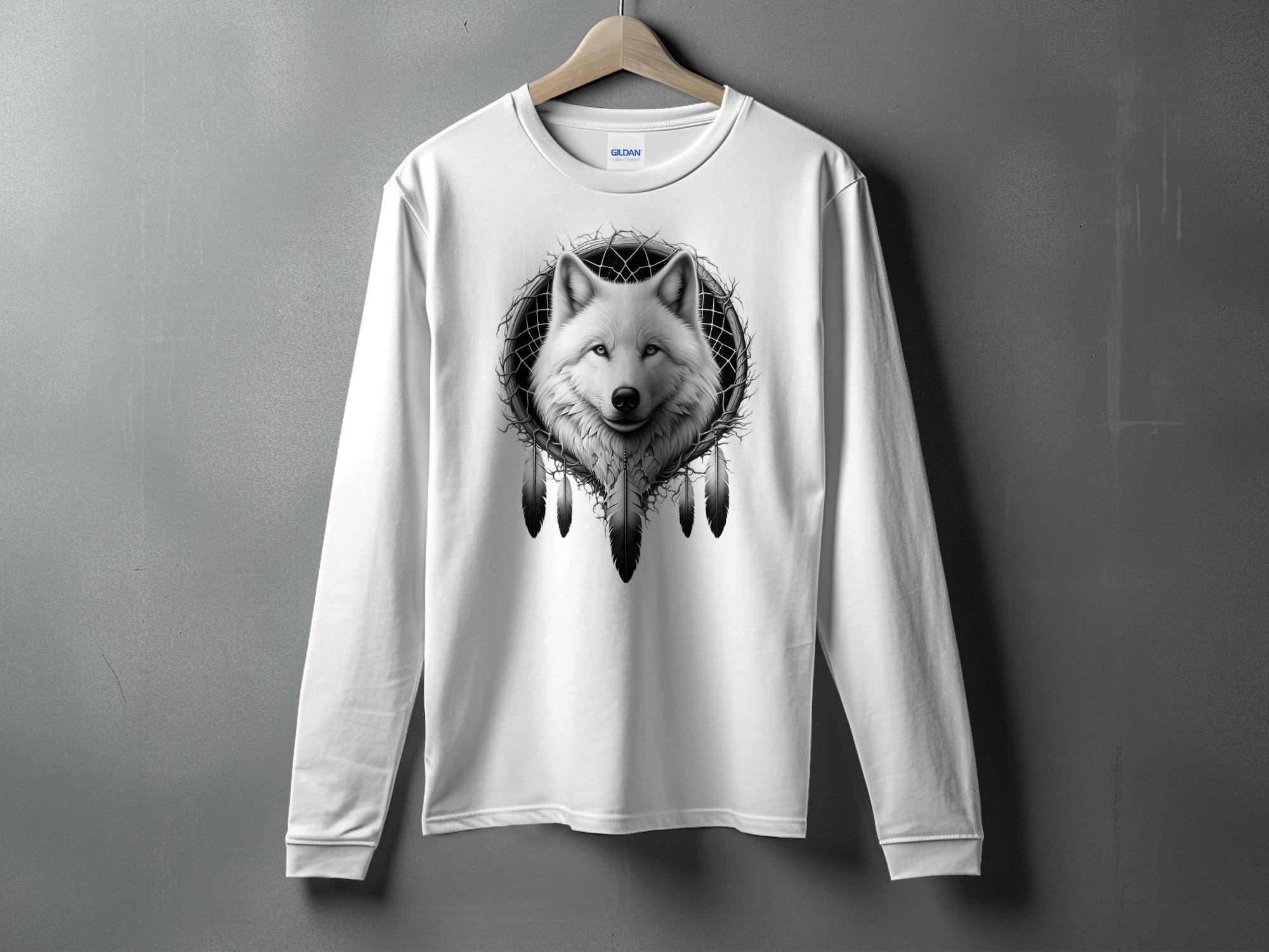 Dreamcatcher Wolf - Coloured Gildan Long Sleeve Realistic Native American Talisman Unisex Mythology Tee Graphic Design