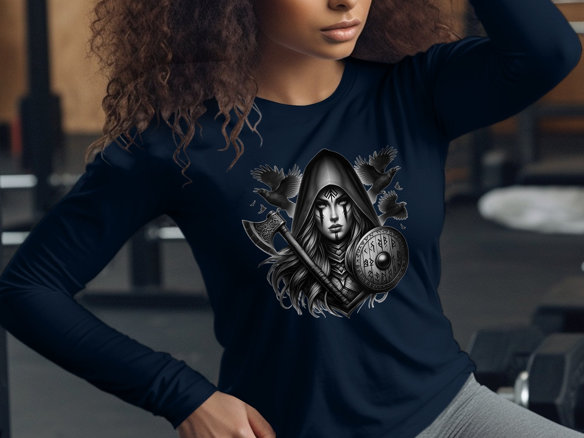 Viking Shield Maiden - Coloured Gildan Long Sleeve Realistic Norse Talisman Men Women Unisex Valhalla Tee Graphic Design