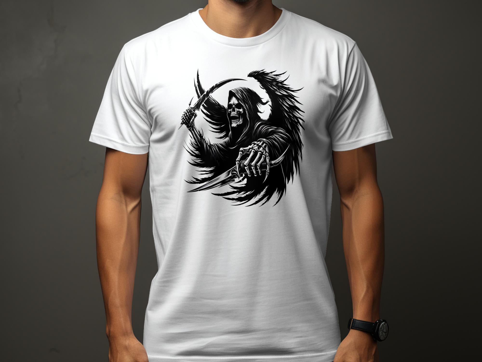 Grim Reaper - Black White Gildan T-Shirt Commemorative Talisman Unisex Tee Graphic Design