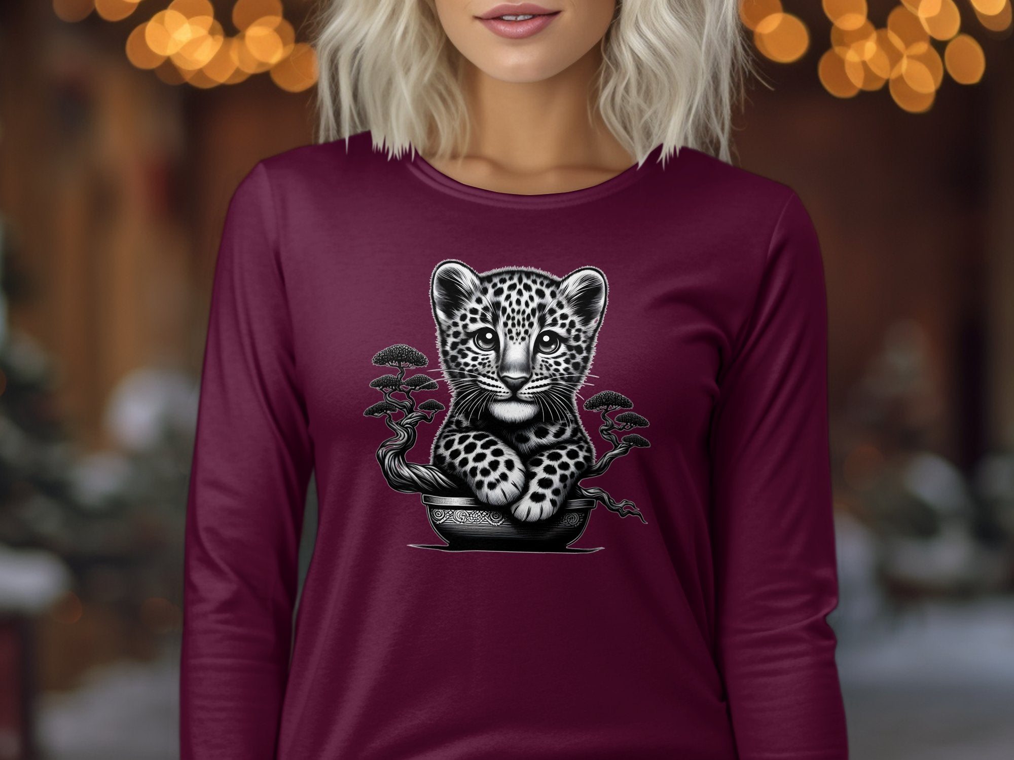 Leopard Bonsai - Coloured Gildan Long Sleeve Realistic Animal Talisman Unisex Cute Tee Graphic Design