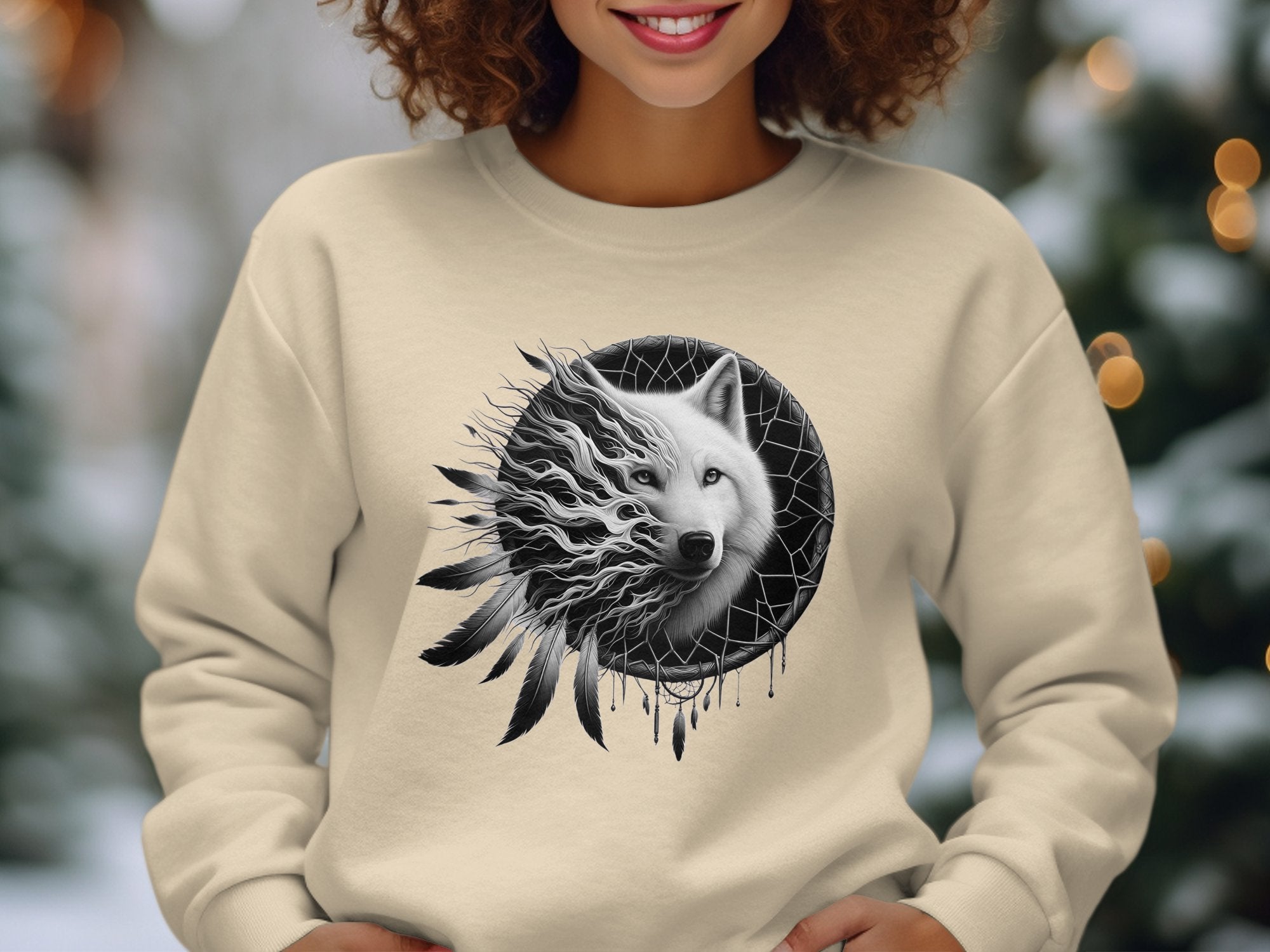 Dreamcatcher Wolf - Coloured Gildan Sweatshirt Realistic Native American Talisman Unisex Mythology Tee Graphic Design