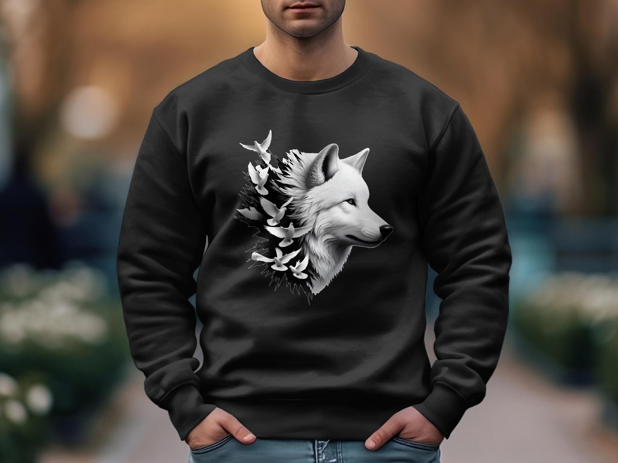 Wolf x Doves - Black White Gildan Sweatshirt Realistic Animal Talisman Unisex Tee Graphic Design