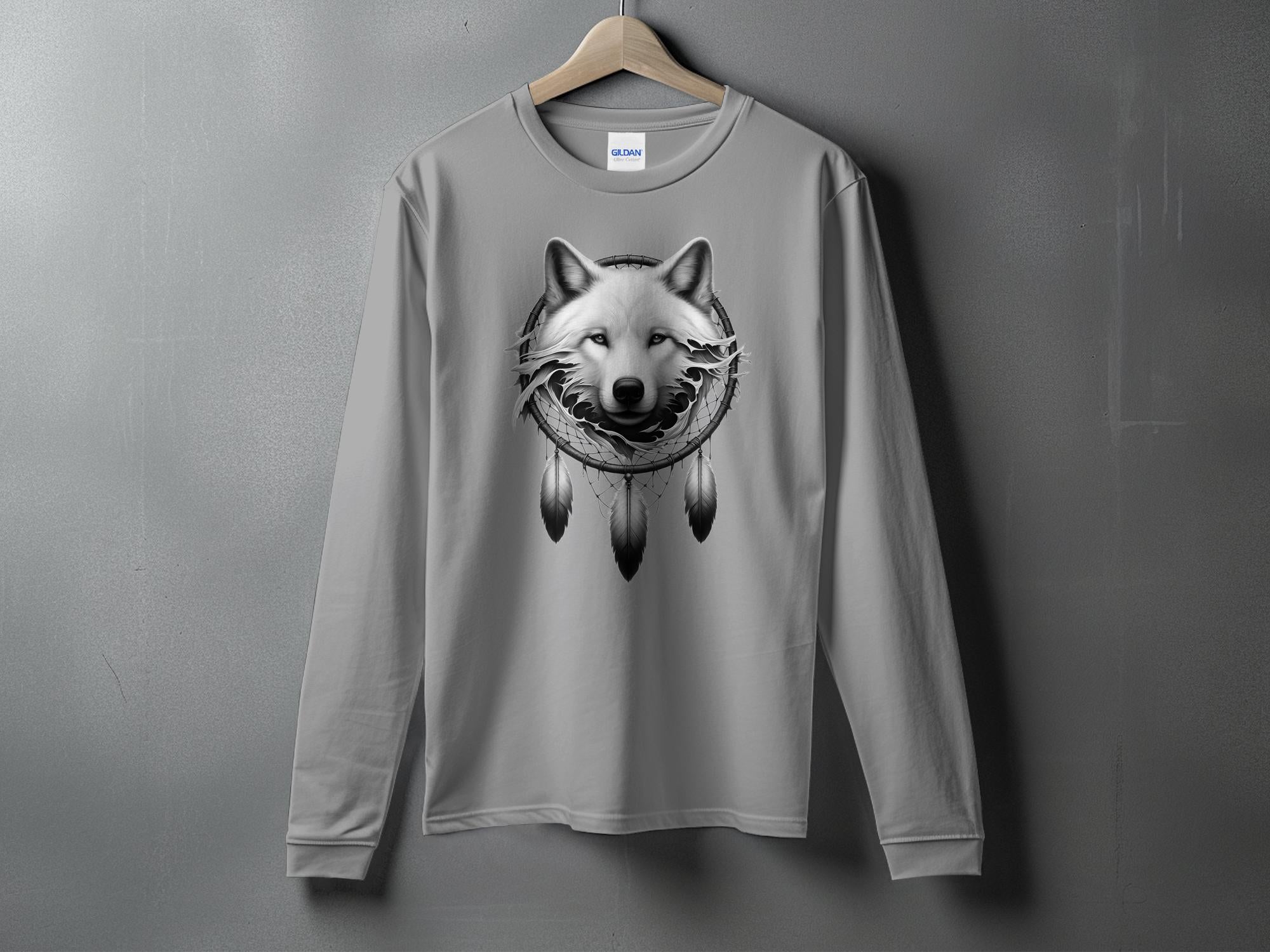 Dreamcatcher Wolf - Coloured Gildan Long Sleeve Realistic Native American Talisman Unisex Mythology Tee Graphic Design